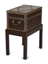 An English Brass Bound Leather Box with Brass Nailhead Trim on a Fitted Mahogany Stand