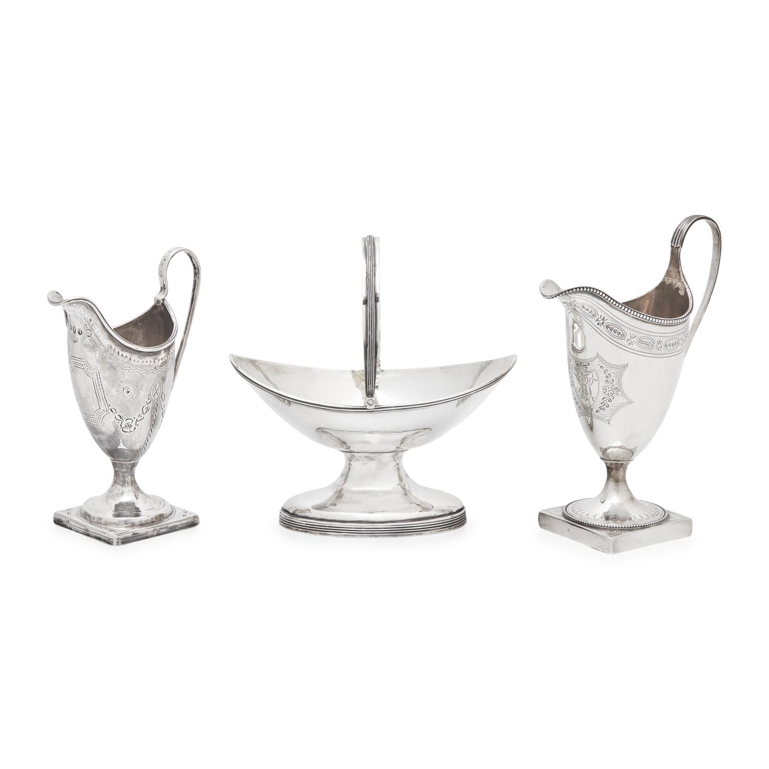 Two George III Engraved Silver Creamers and a Sugar Basket