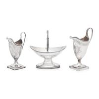 Two George III Engraved Silver Creamers and a Sugar Basket