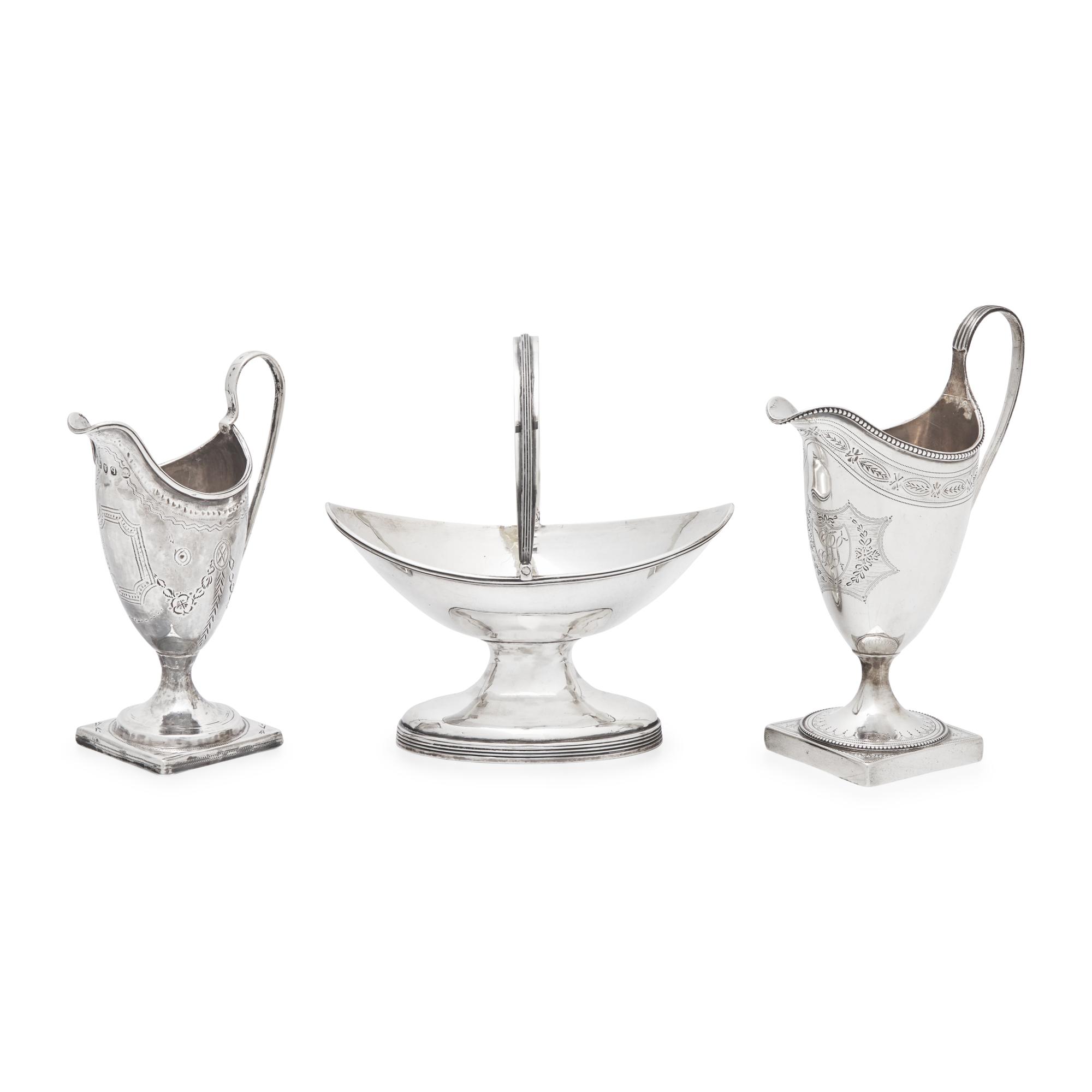 Two George III Engraved Silver Creamers and a Sugar Basket