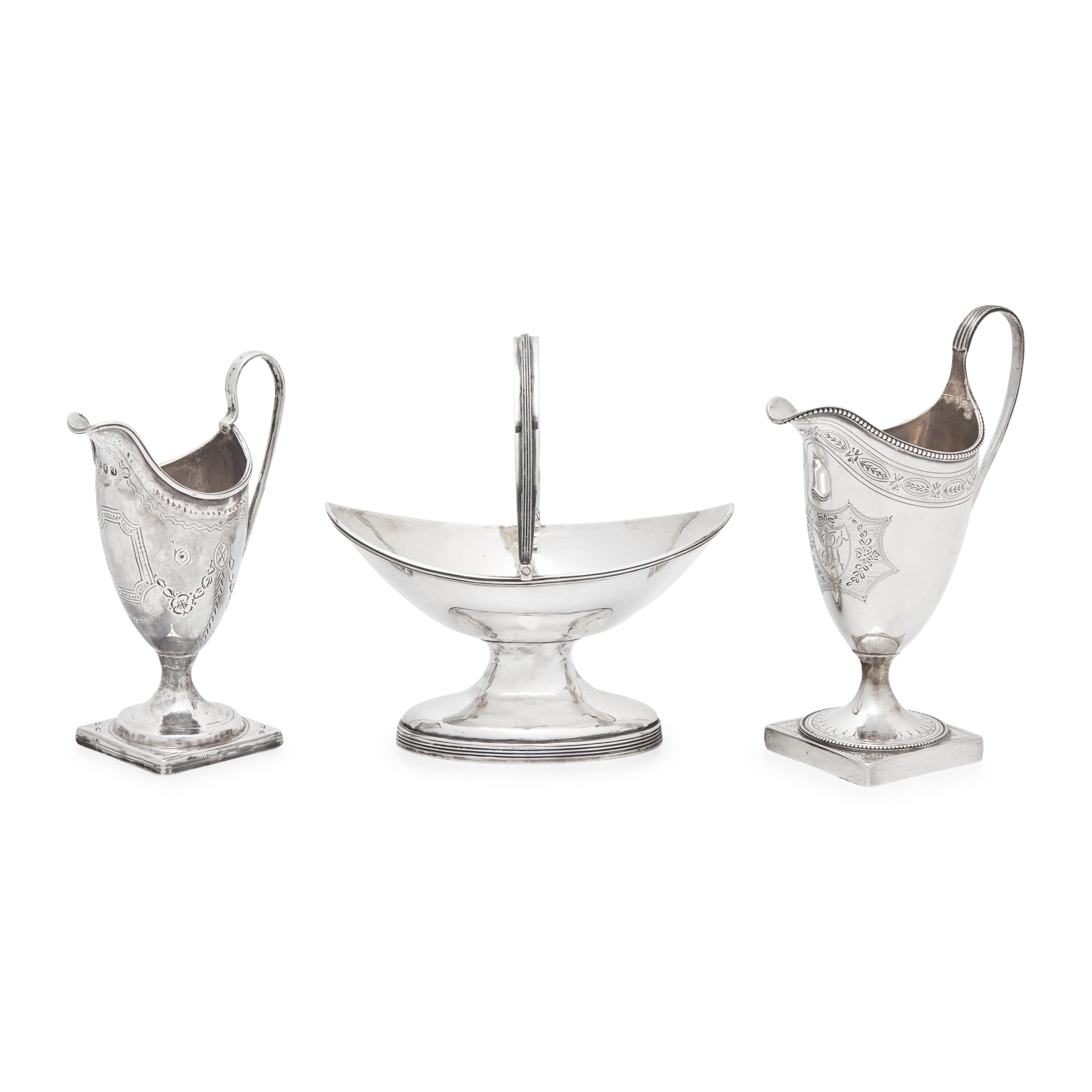 Two George III Engraved Silver Creamers and a Sugar Basket