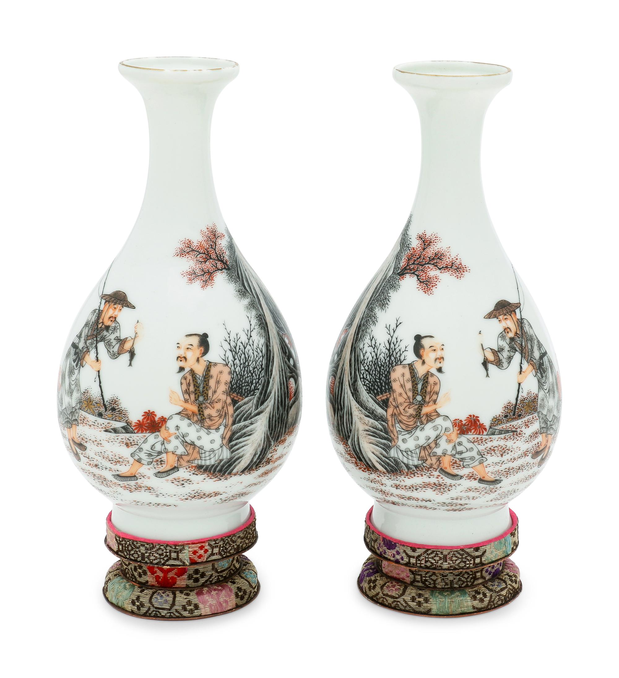 A Pair of Famille Rose Porcelain 'Figural' Bottle Vases