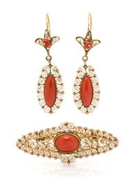 A Yellow Gold and Coral Demi Parure, 6.50 dwts.