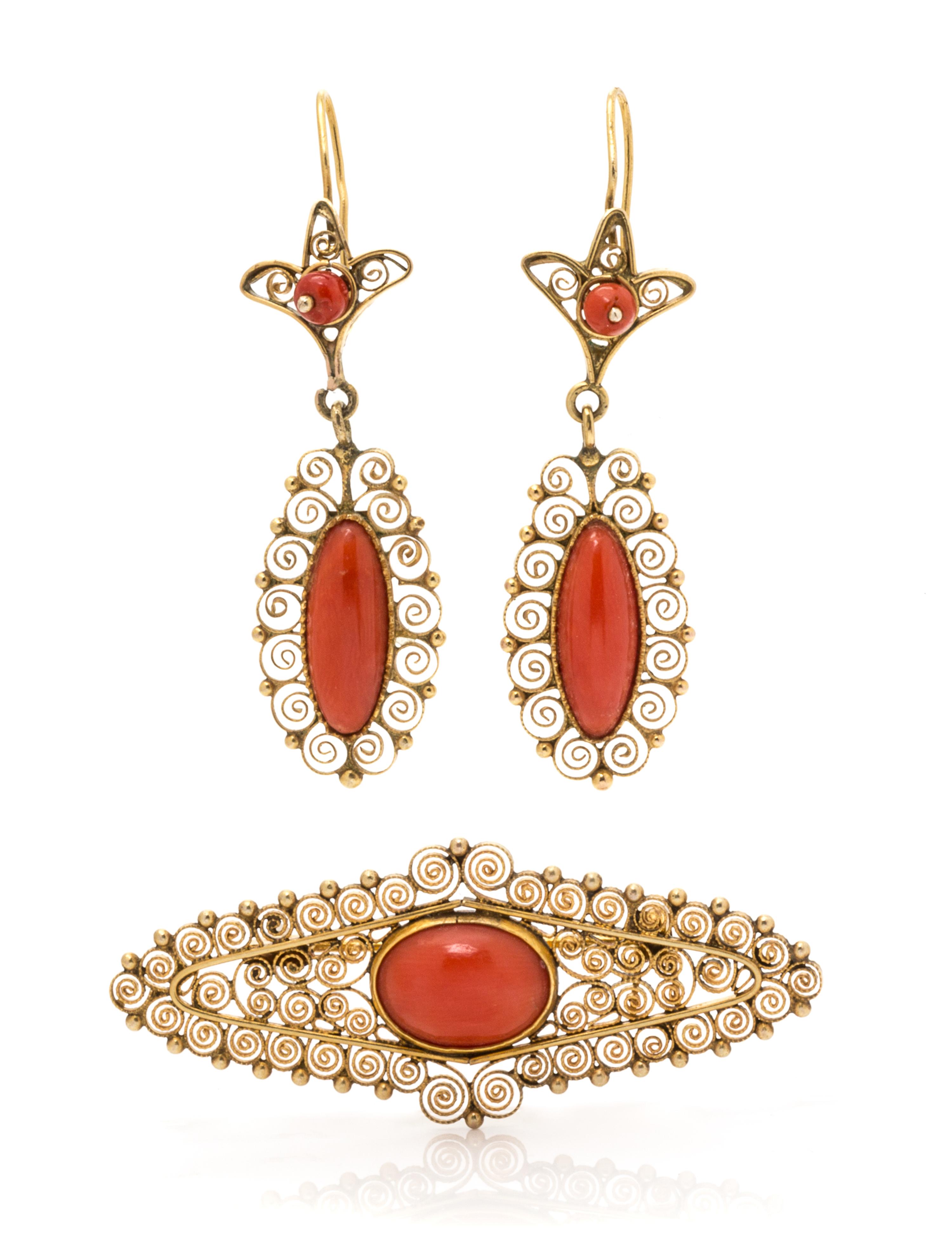 A Yellow Gold and Coral Demi Parure, 6.50 dwts.