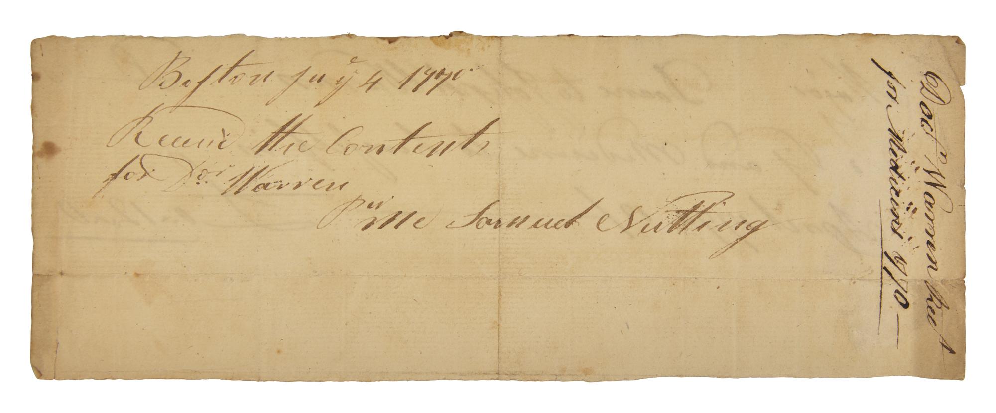[Americana] Warren, Joseph. Autograph Document, signed