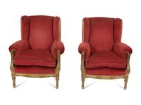 A Pair of Louis XVI Style Painted and Parcel Gilt Bergères à Oreille Attributed to Maison Jansen