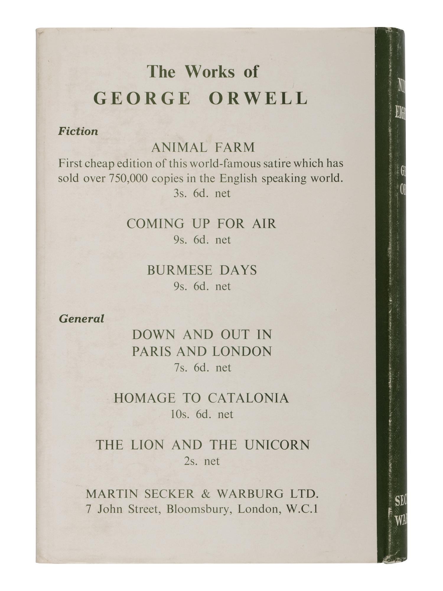 ORWELL, George (1903-1950). Nineteen Eighty-Four . London: Secker & Warburg, 1949.