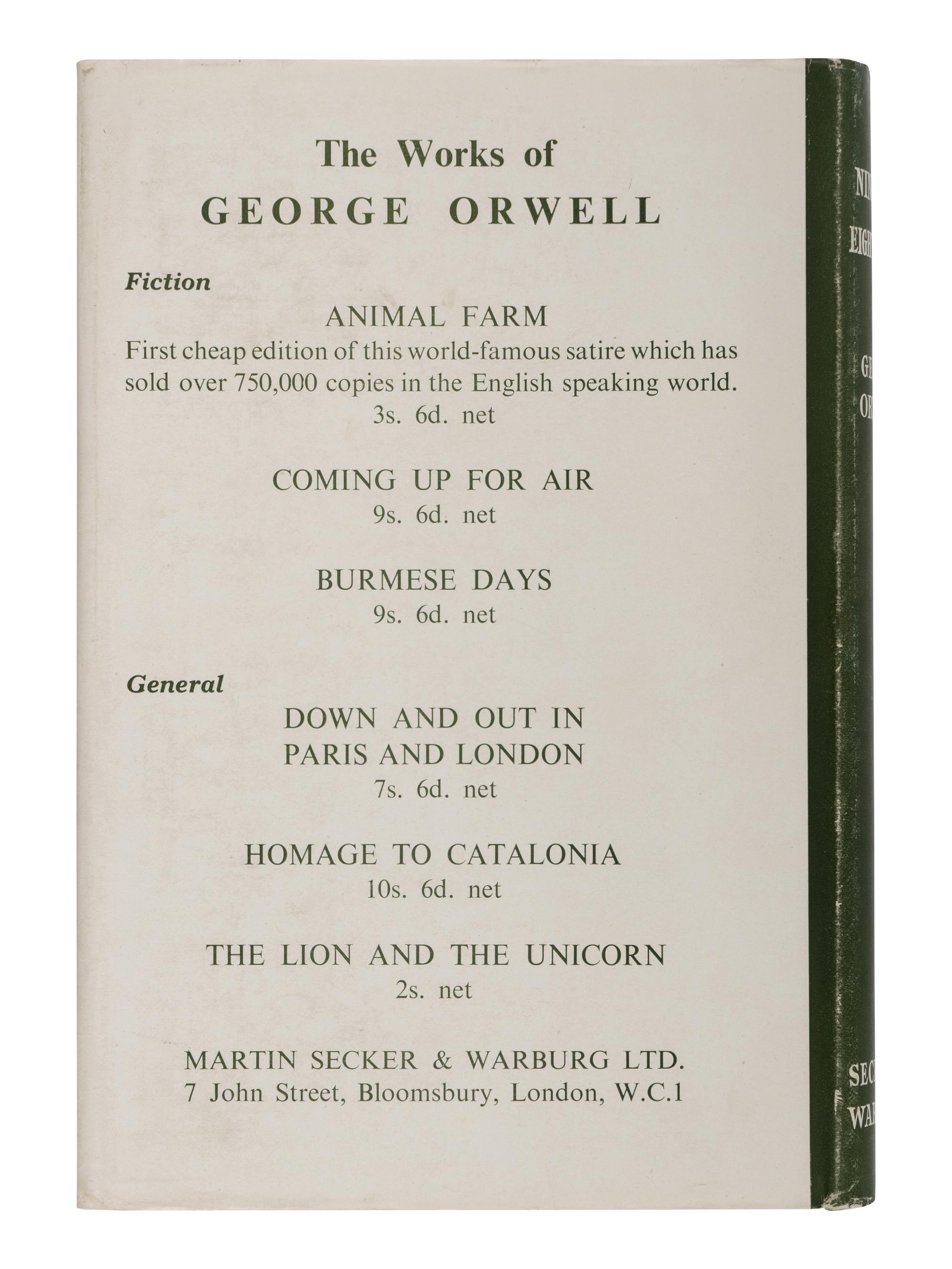 ORWELL, George (1903-1950). Nineteen Eighty-Four . London: Secker & Warburg, 1949.
