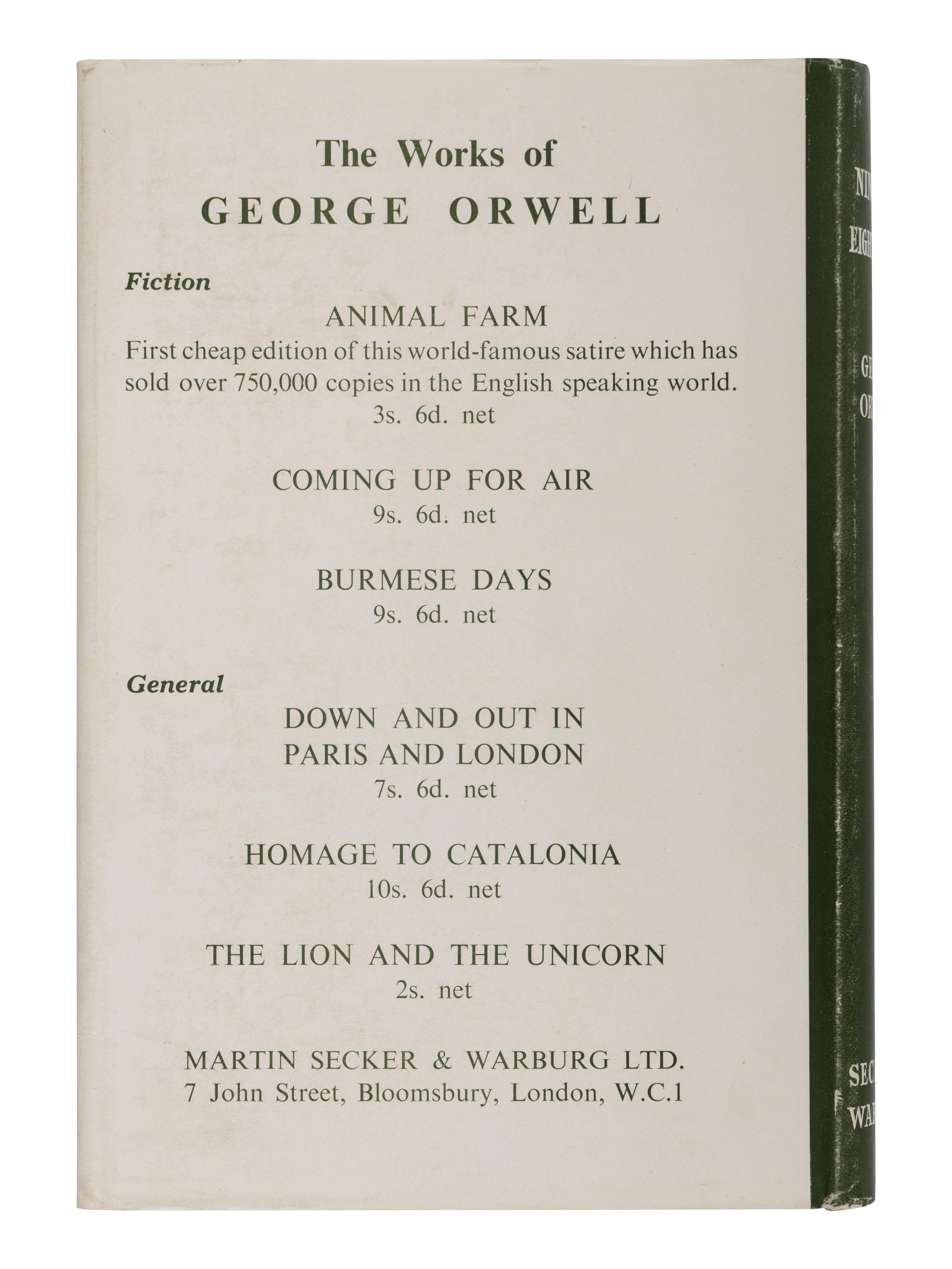 ORWELL, George (1903-1950). Nineteen Eighty-Four . London: Secker & Warburg, 1949.