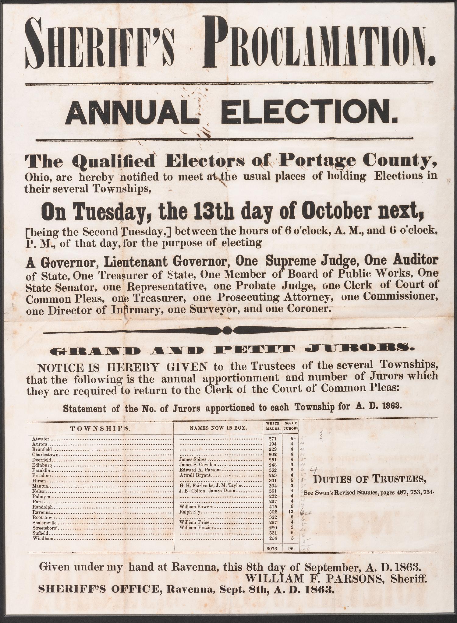 A Printed Broadside Disseminating a 'Sheriff's Proclamation' on the Upcoming Annual Election