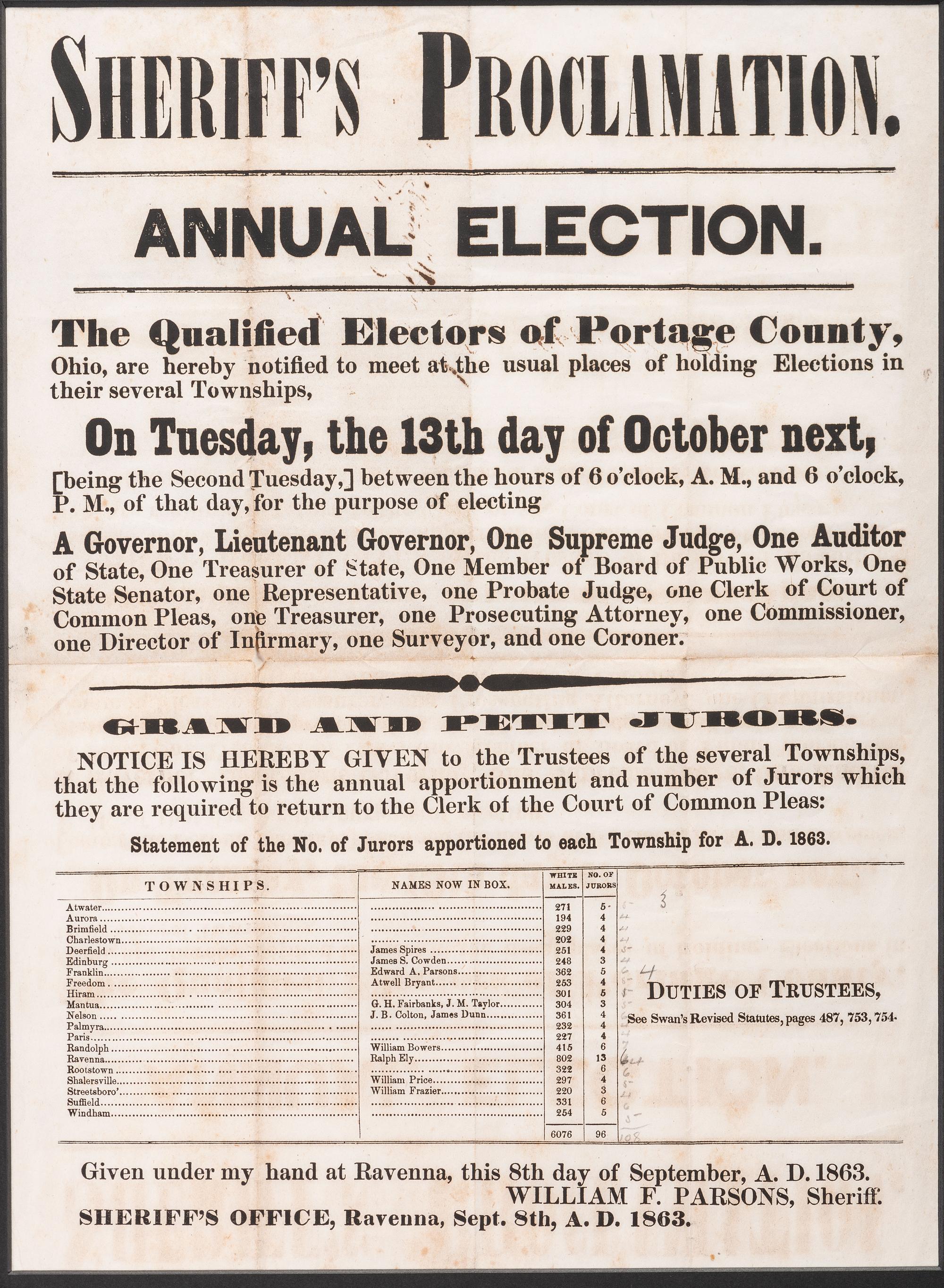 A Printed Broadside Disseminating a 'Sheriff's Proclamation' on the Upcoming Annual Election