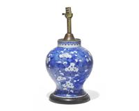 A Chinese Export porcelain blue and white baluster vase mounted as a lamp, the vase circa 1875-1900