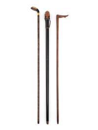 A Group of Three Carved Wood and Tortoise Shell Walking Sticks