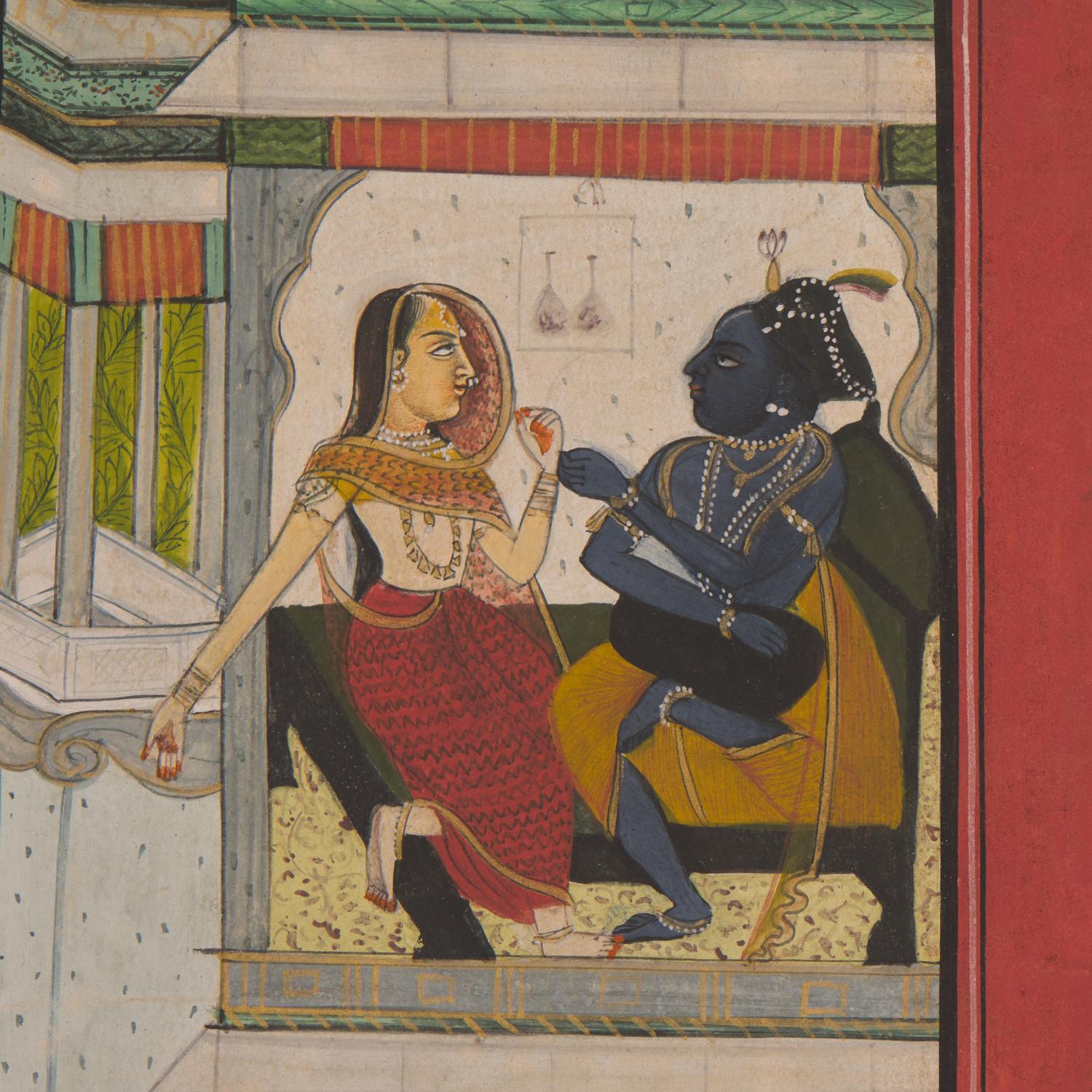 A Painting of Radha and Krishna Standing on a Projecting Balcony and A Painting of Radha and Krishna Seated Under a Dome, Probably Udaipur or Jaipur, India, 20th Century