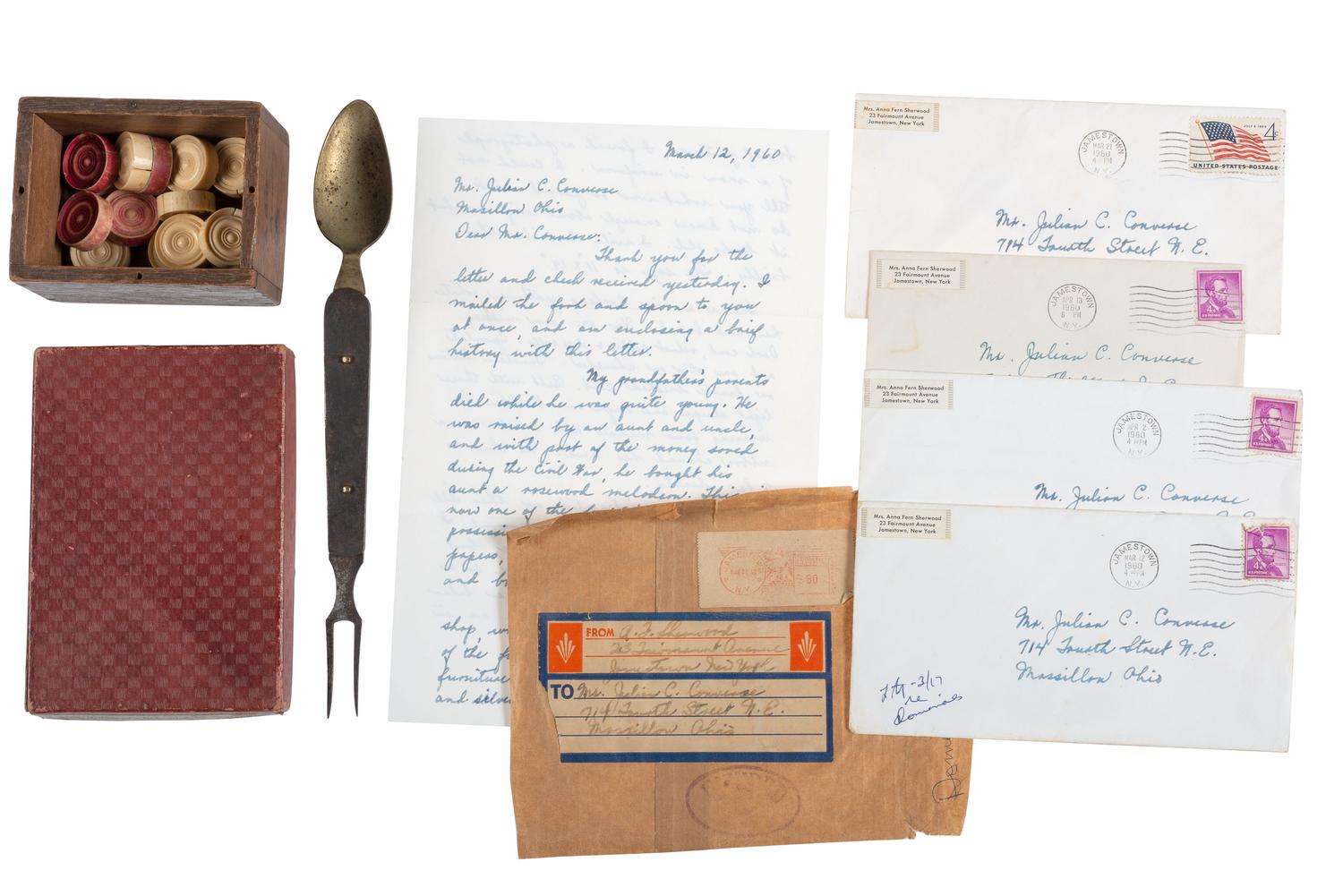 Private Byron A. Straight, Company B, 112th New York Volunteer Infantry. A group of personal effects including Union Army fork and spoon, checkers, and dominoes.