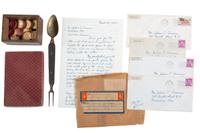 Private Byron A. Straight, Company B, 112th New York Volunteer Infantry. A group of personal effects including Union Army fork and spoon, checkers, and dominoes.