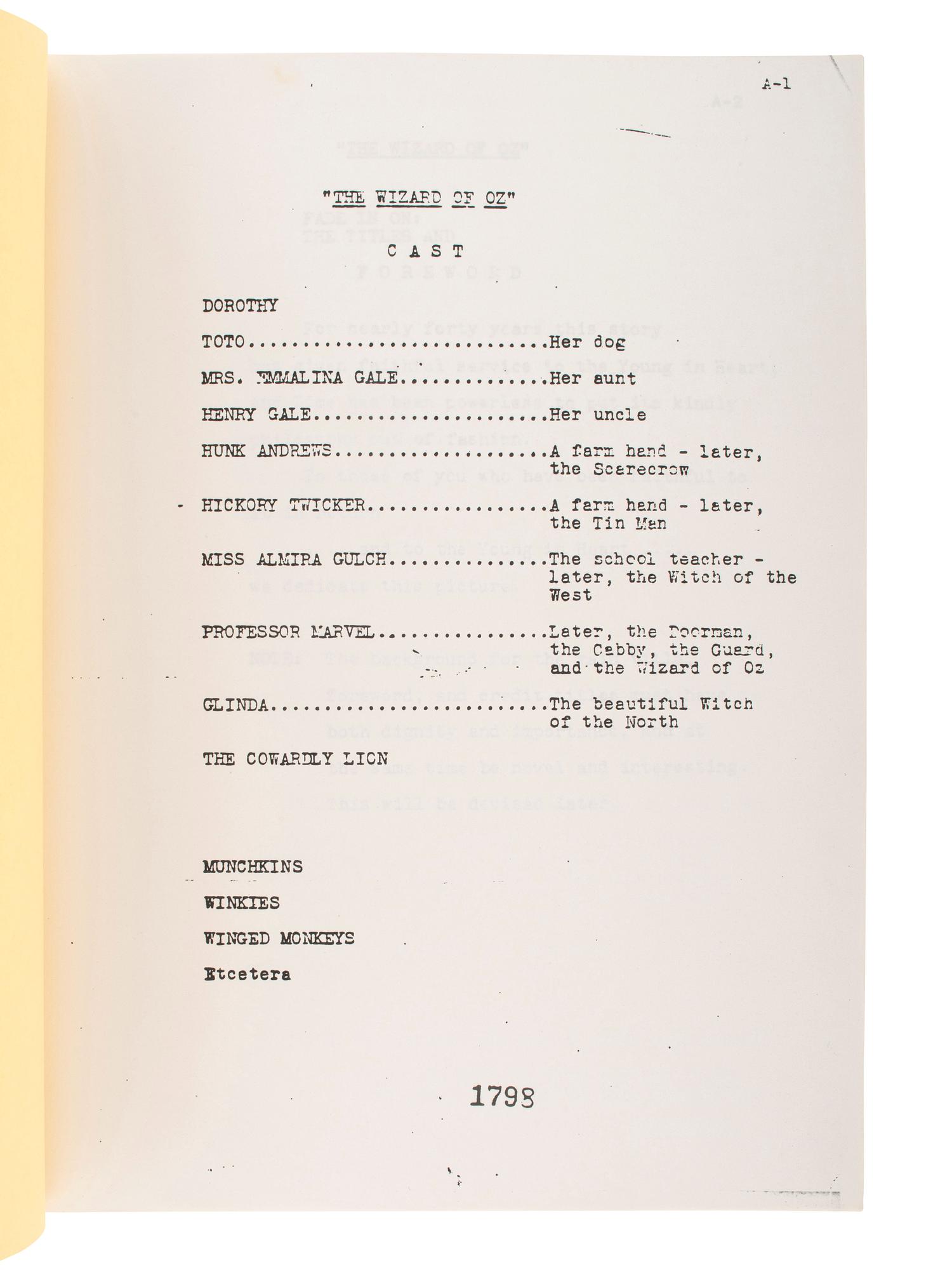[ENTERTAINMENT]. Wizard of Oz early draft script, January and February 1939.