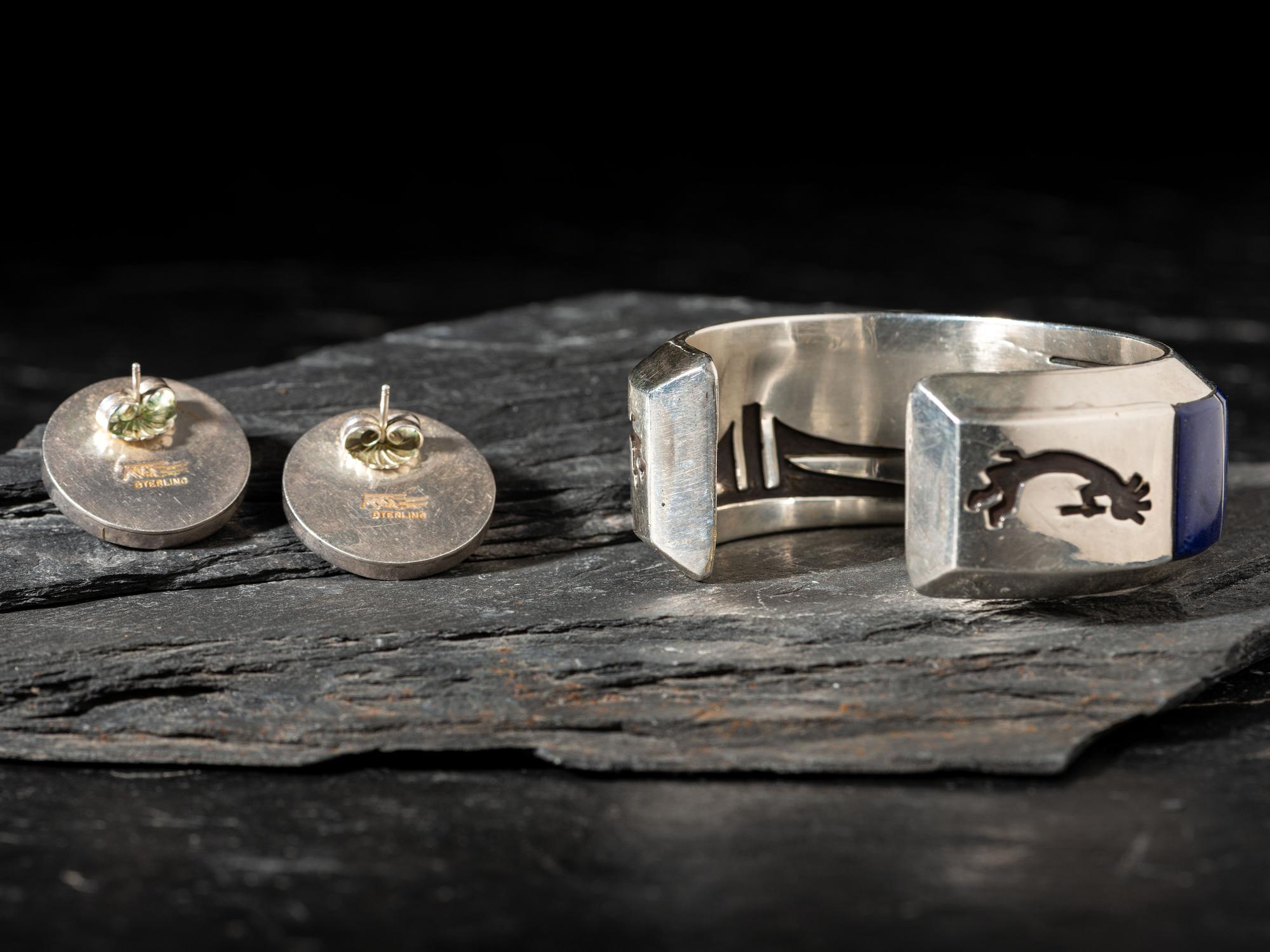Sterling Silver and Lapis Cuff Bracelet and Post Earrings