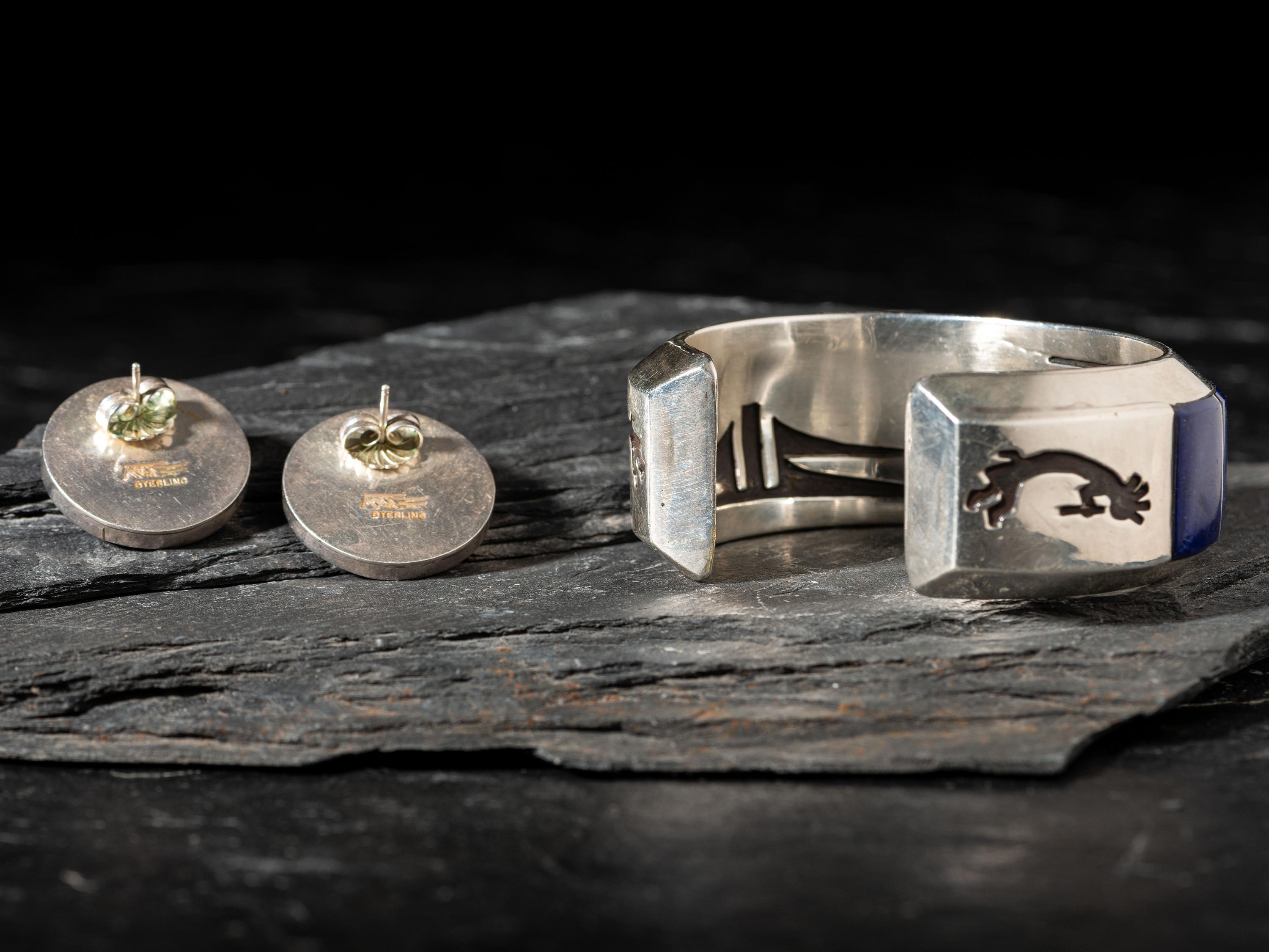 Sterling Silver and Lapis Cuff Bracelet and Post Earrings
