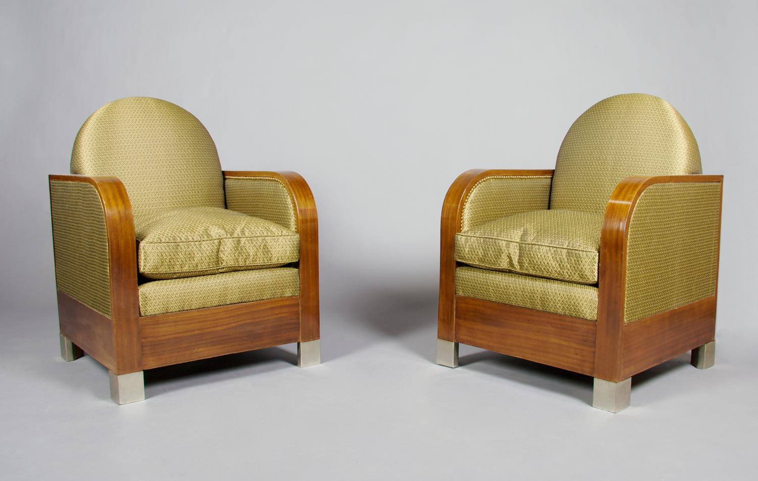 A Pair of Art Deco Club Chairs, Height 33 1/2 inches.