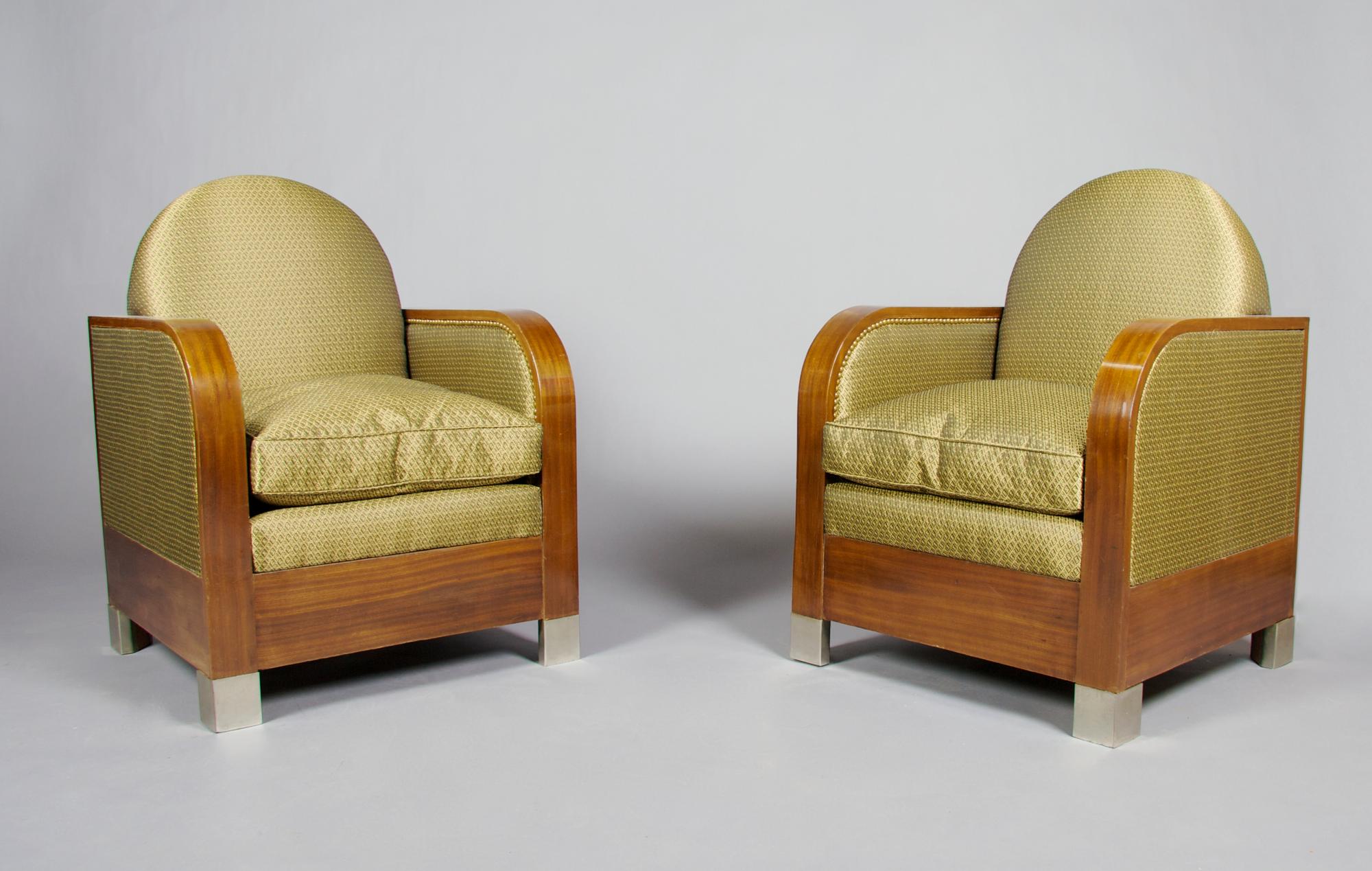 A Pair of Art Deco Club Chairs, Height 33 1/2 inches.