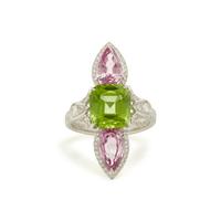 WHITE GOLD, PERIDOT, DIAMOND, AND PINK SPINEL RING