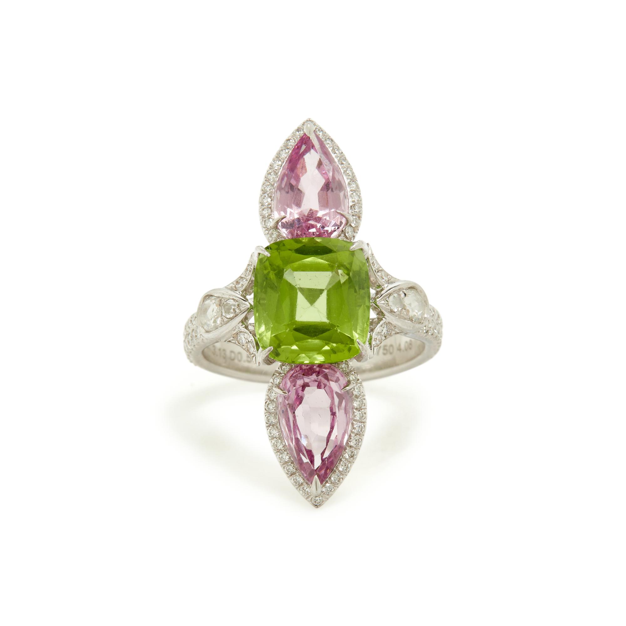 WHITE GOLD, PERIDOT, DIAMOND, AND PINK SPINEL RING