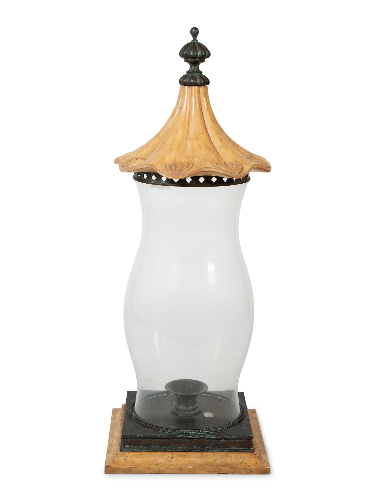 A Blown Glass Hurricane Lamp with Wood Cover — 20TH CENTURY