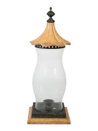 A Blown Glass Hurricane Lamp with Wood Cover — 20TH CENTURY