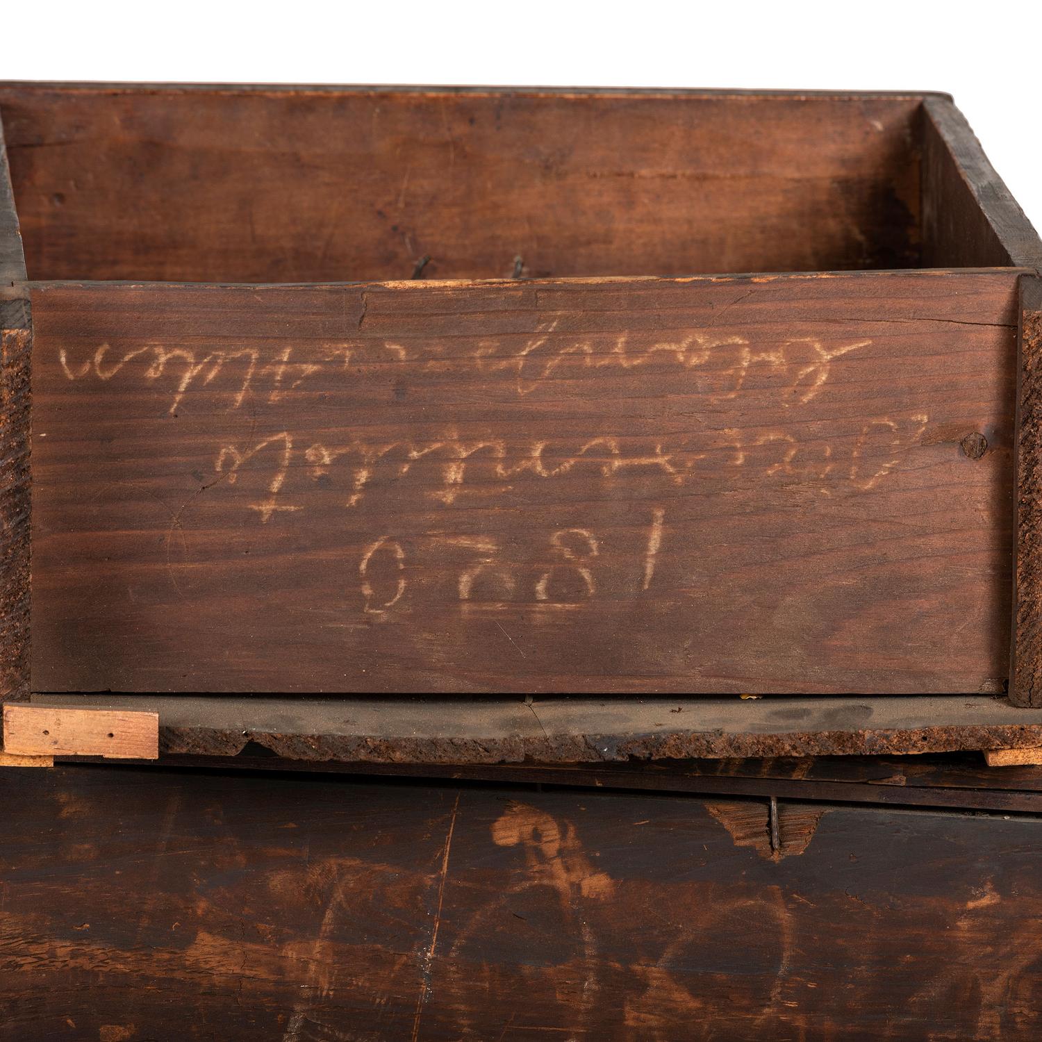 A Queen Anne Cherrywood and Maple Flat Top High Chest with Cornice Drawer