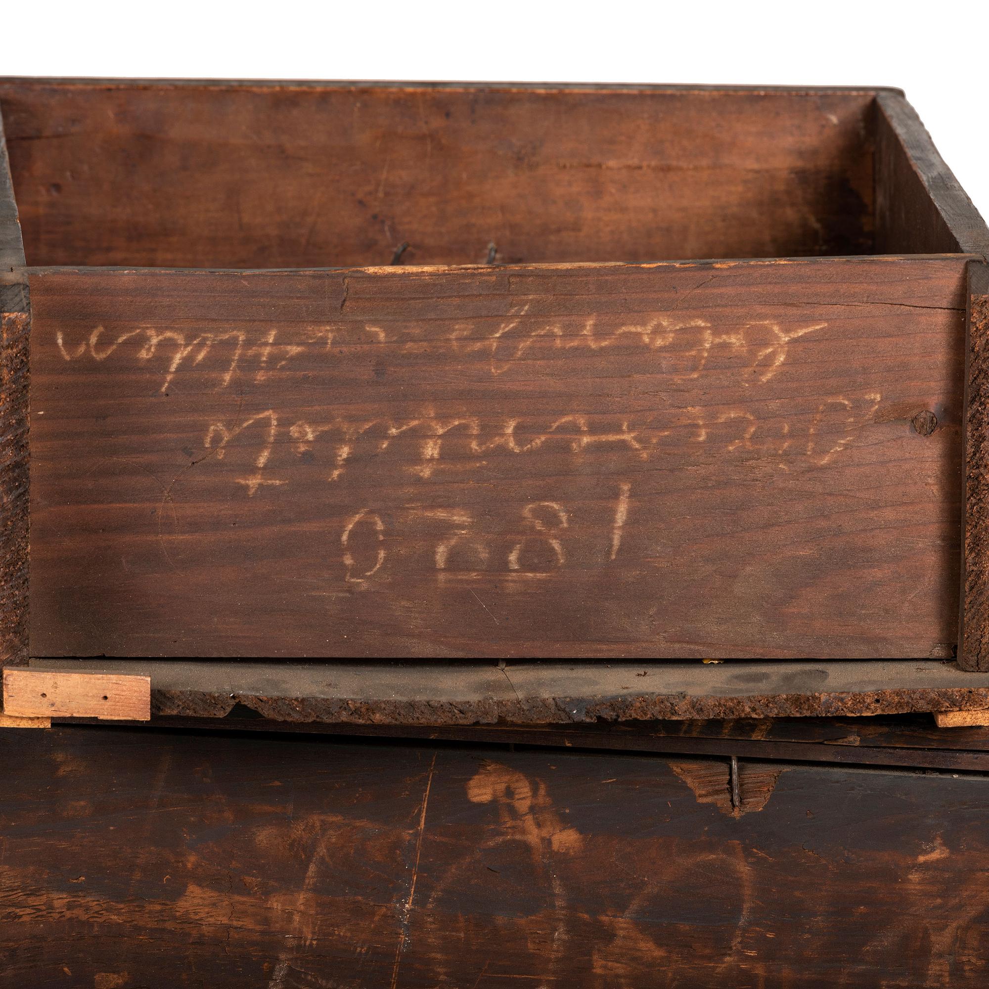 A Queen Anne Cherrywood and Maple Flat Top High Chest with Cornice Drawer