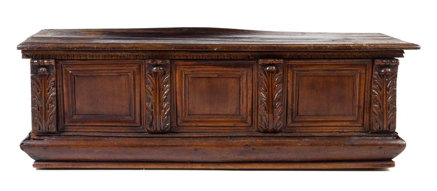 An Italian Walnut Cassone Height 19 x width 58 x depth 19 inches. — 19TH CENTURY WITH EARLIER ELEMENTS
