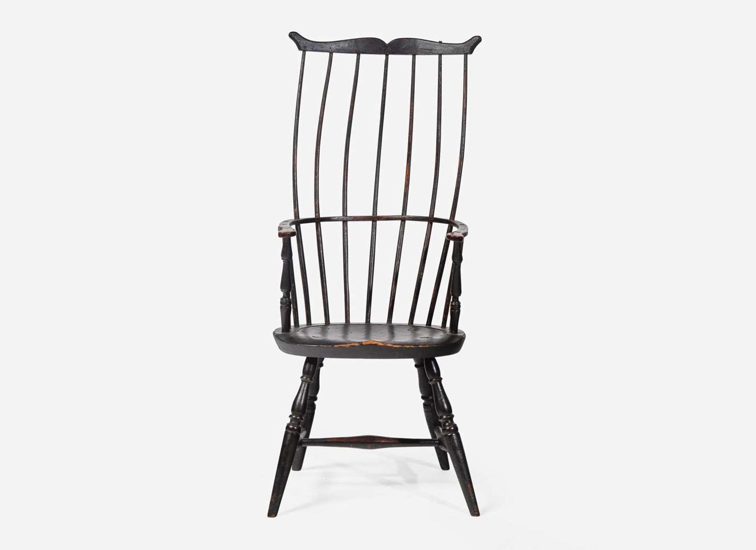 A black-painted hickory high-back Windsor armchair, probably New England, circa 1775