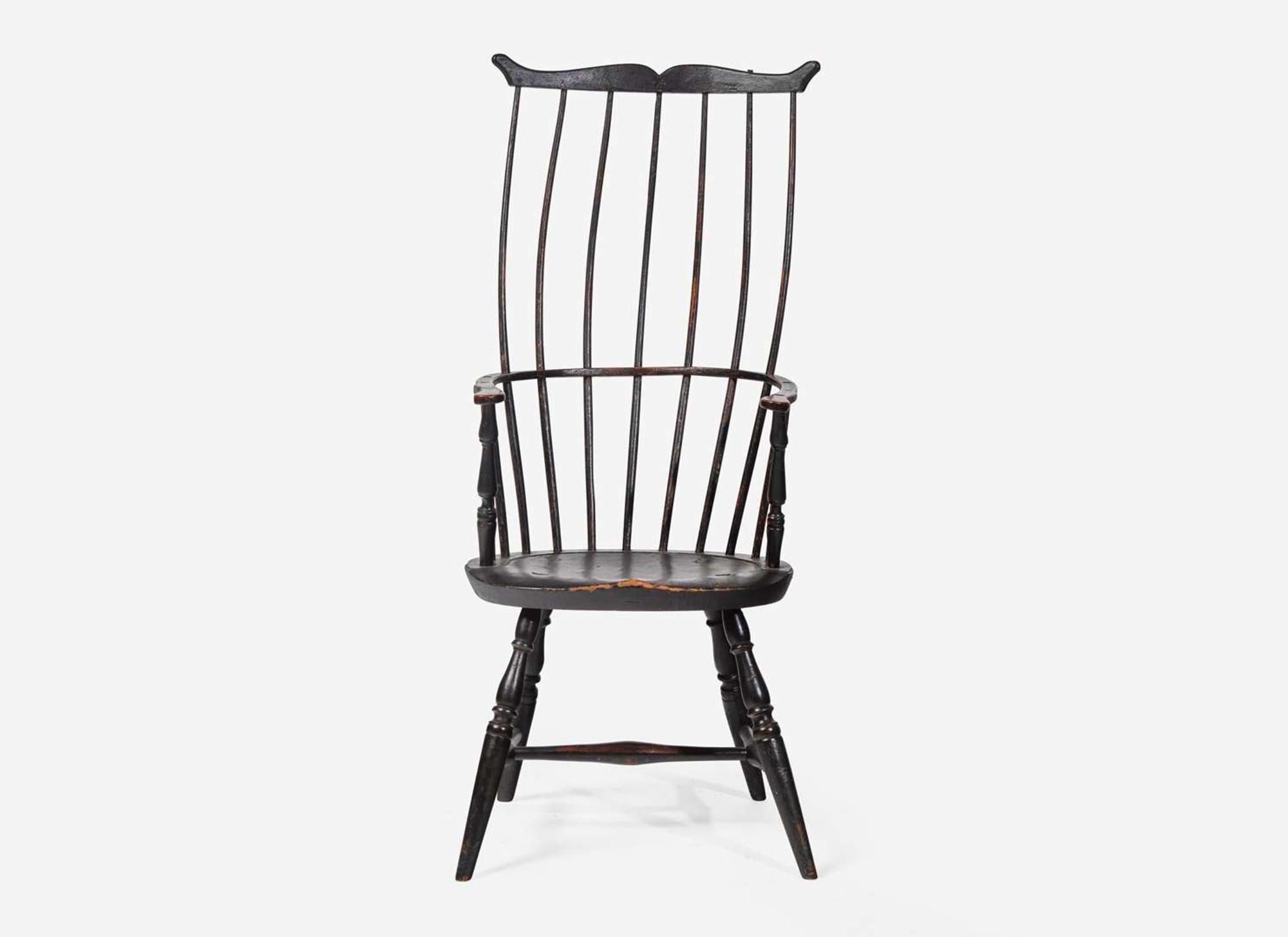 A black-painted hickory high-back Windsor armchair, probably New England, circa 1775