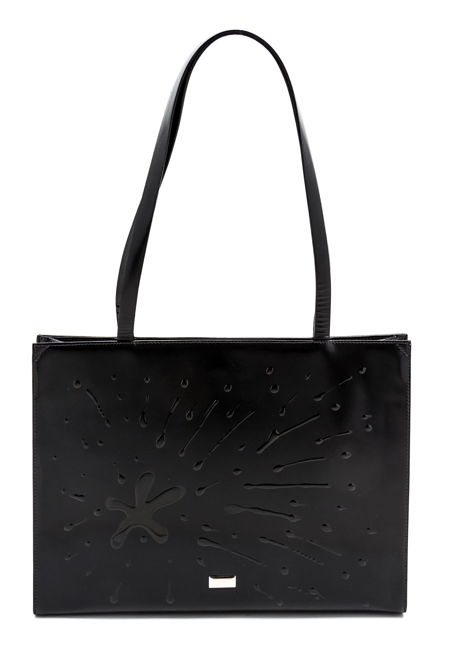 A Moschino Black Leather 'Splash' Bag, 13 1/2 x 11 x 2 1/2 inches.