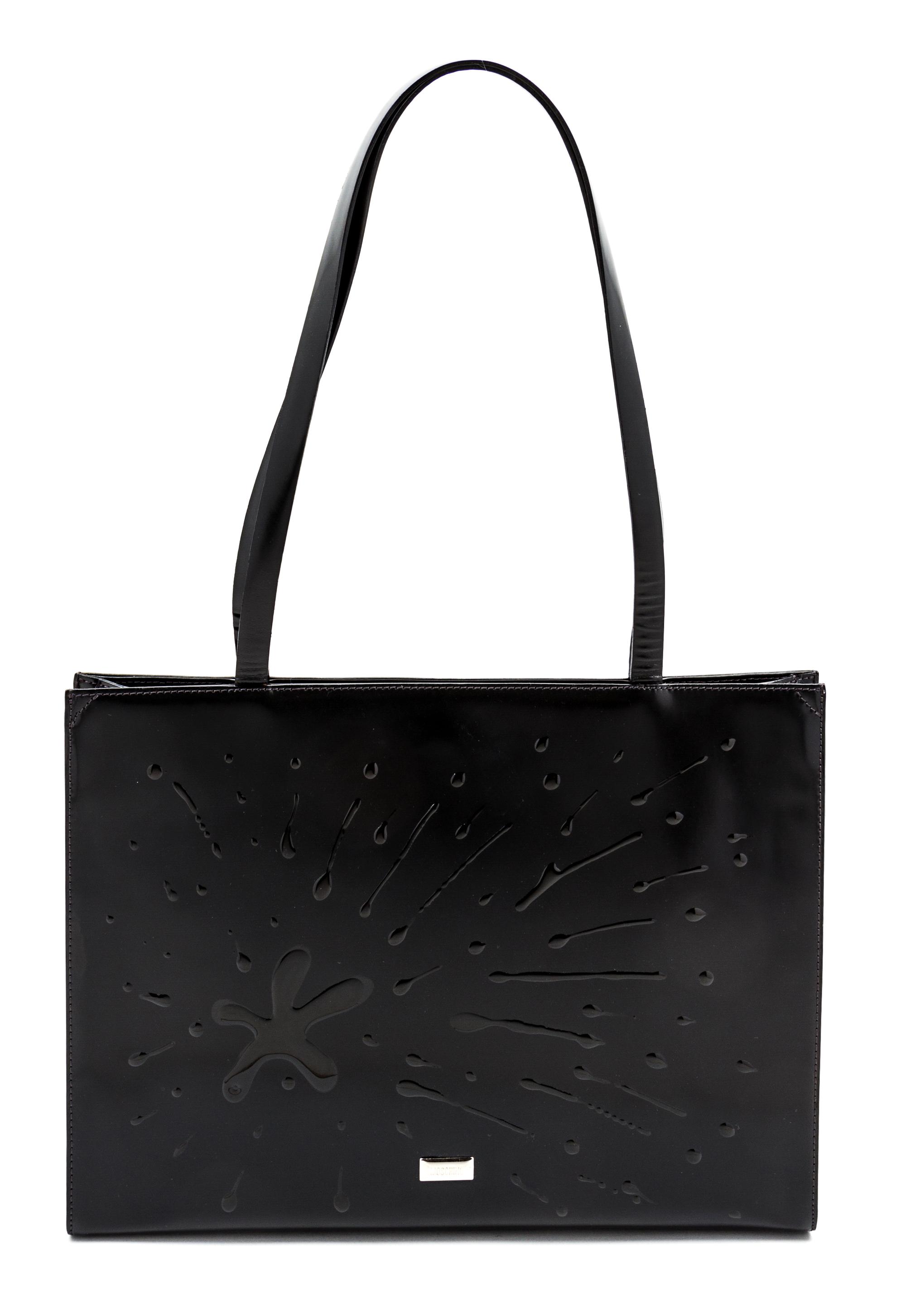 A Moschino Black Leather 'Splash' Bag, 13 1/2 x 11 x 2 1/2 inches.