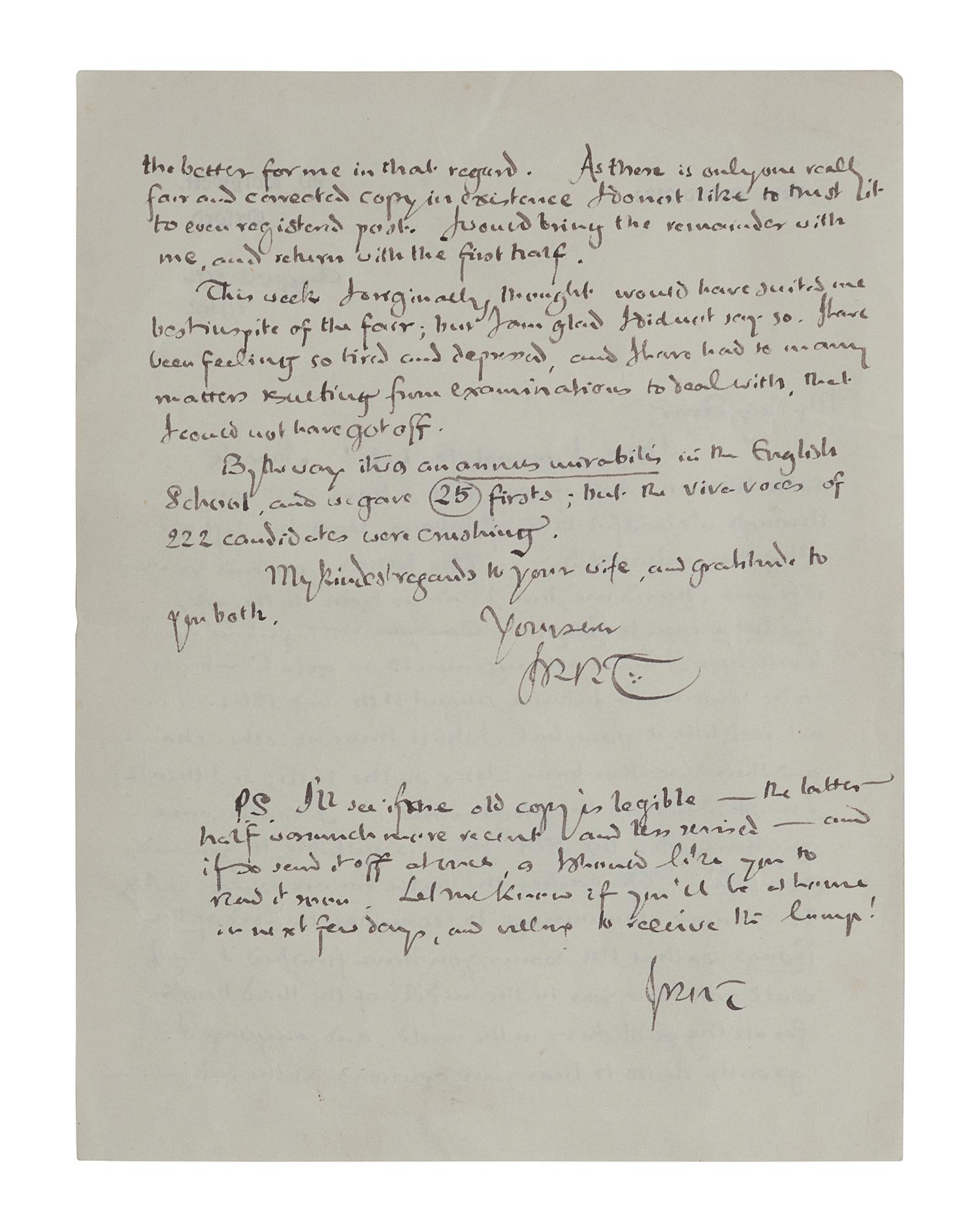 TOLKIEN, John Ronald Reuel (1892-1973). Autograph letter signed (“JRRT”). To George Sayer, Oxford, 7 August 1952. 2 pages, 8vo, on 99 Holywell, Oxford stationery, creased; morocco folding case .