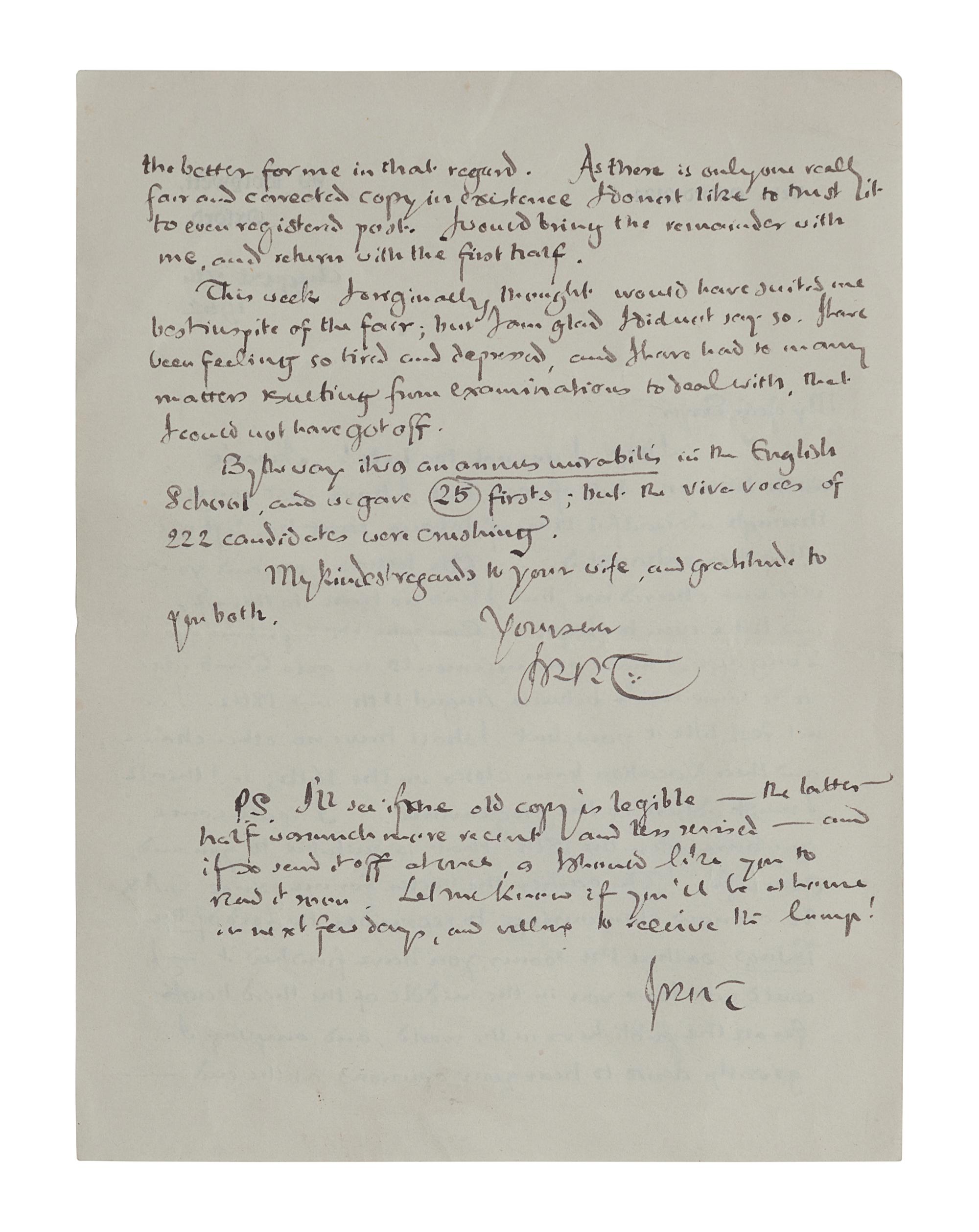 TOLKIEN, John Ronald Reuel (1892-1973). Autograph letter signed (“JRRT”). To George Sayer, Oxford, 7 August 1952. 2 pages, 8vo, on 99 Holywell, Oxford stationery, creased; morocco folding case .