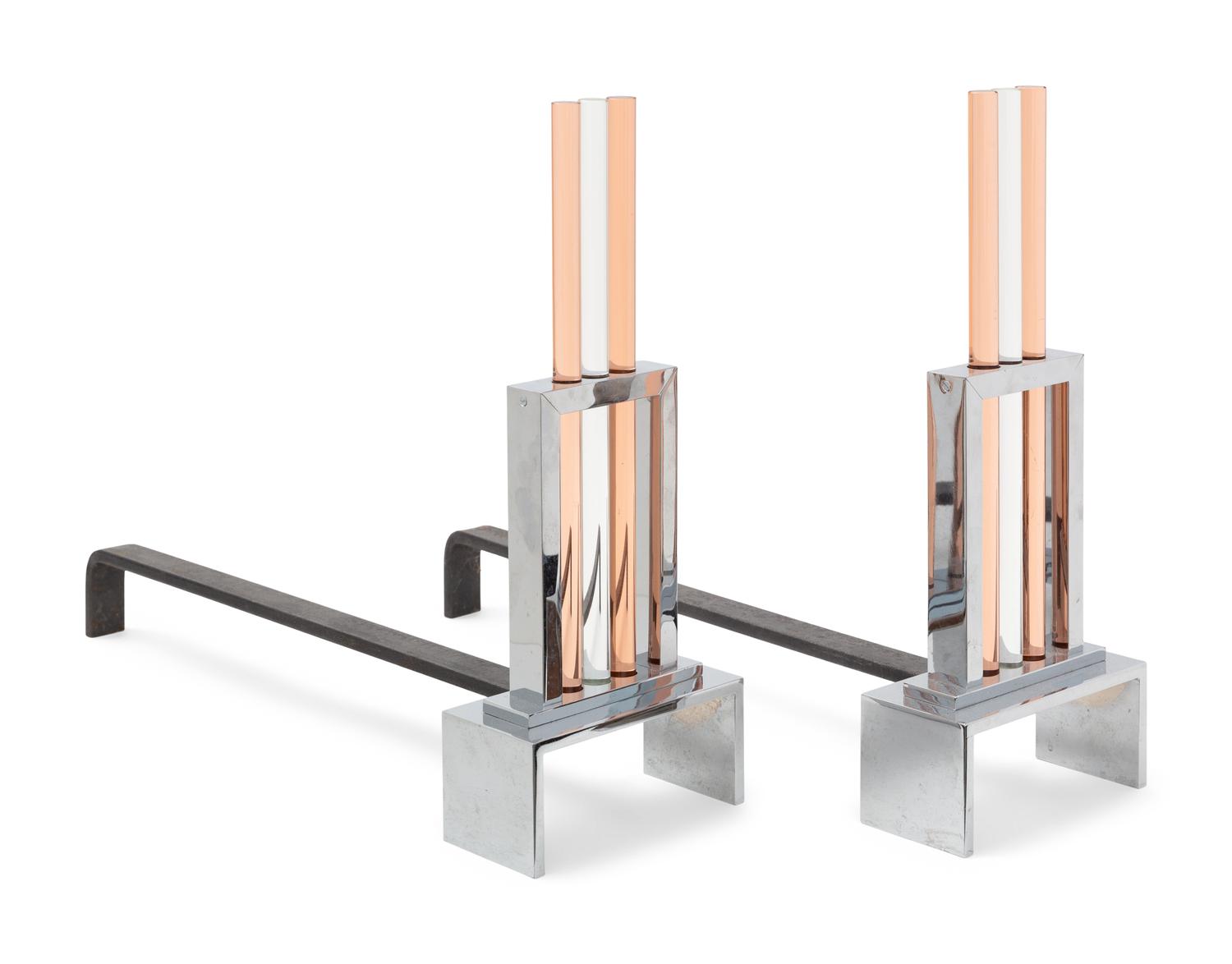 A Pair of Art Deco Style Chrome and Glass Andirons