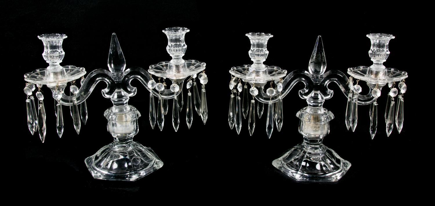 A Pair of Molded Glass Two-Light Candelabra Height of tallest 10 3/8 inches.
