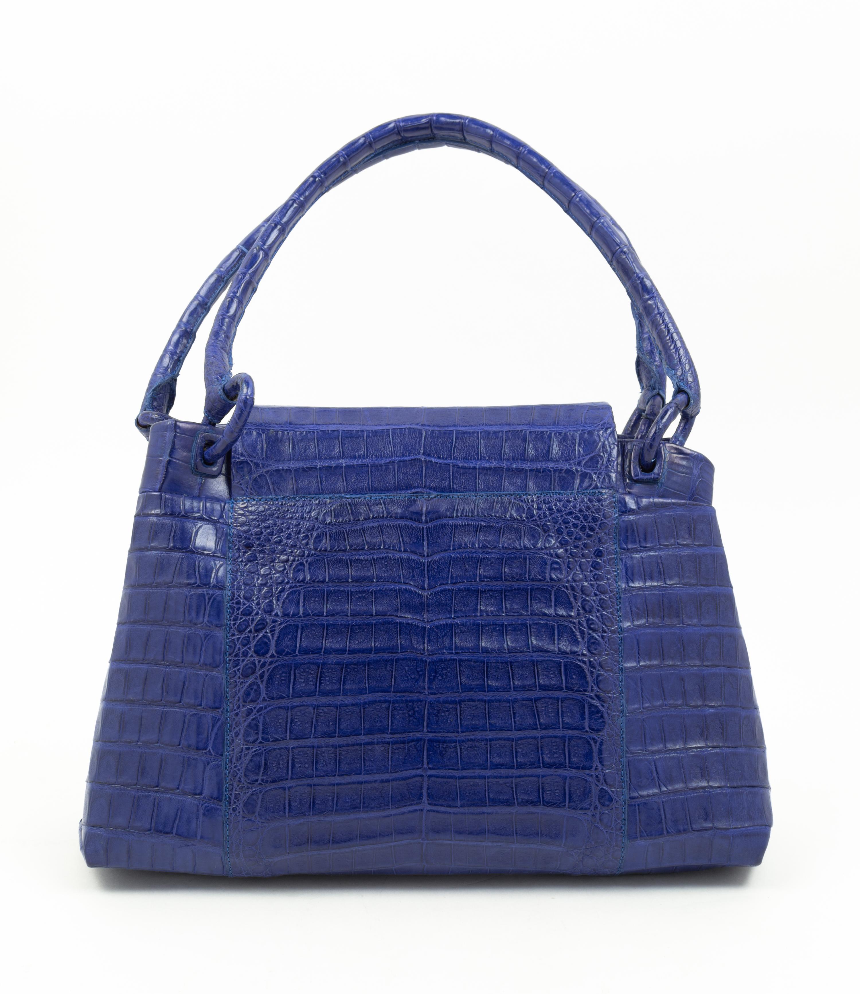 A Nancy Gonzalez Blue Columbian Crocodile Handbag, 13" x 9" x 2.75"; Handle drop: 7".