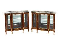 A Pair of Louis XV Style Gilt Bronze Mounted Kingwood and Rosewood Marble-Top Vitrine Cabinets