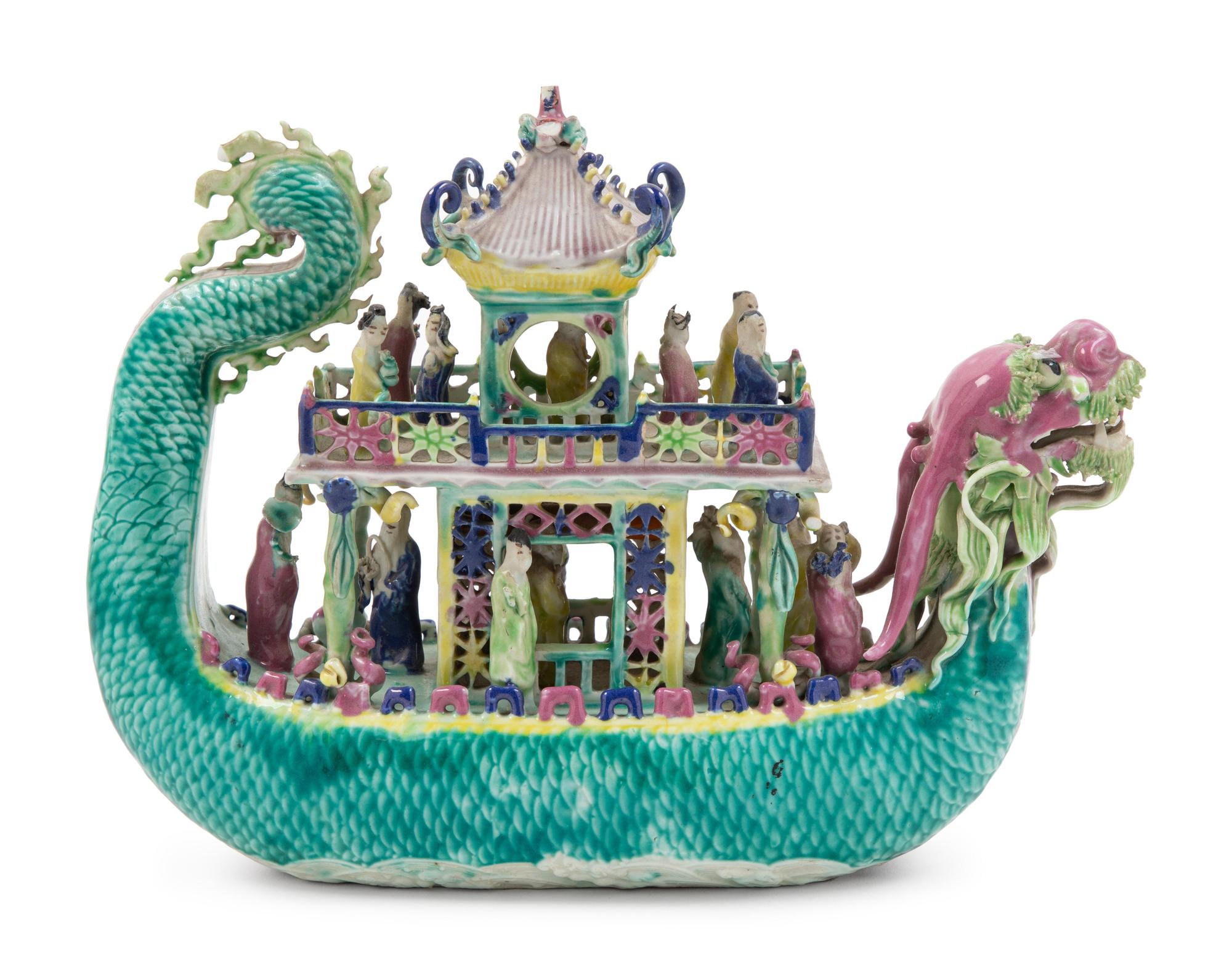 A Chinese Famille Rose Porcelain Model of a Dragon Boat