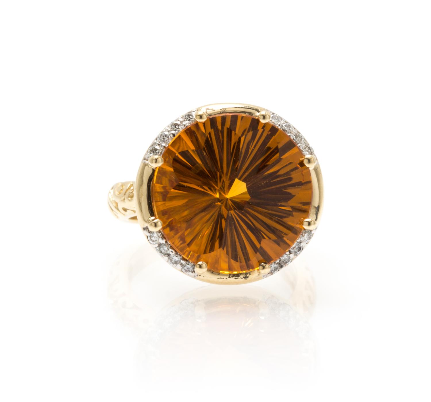 A 14 Karat Yellow Gold Citrine and Diamond Ring, 5.20 dwts.