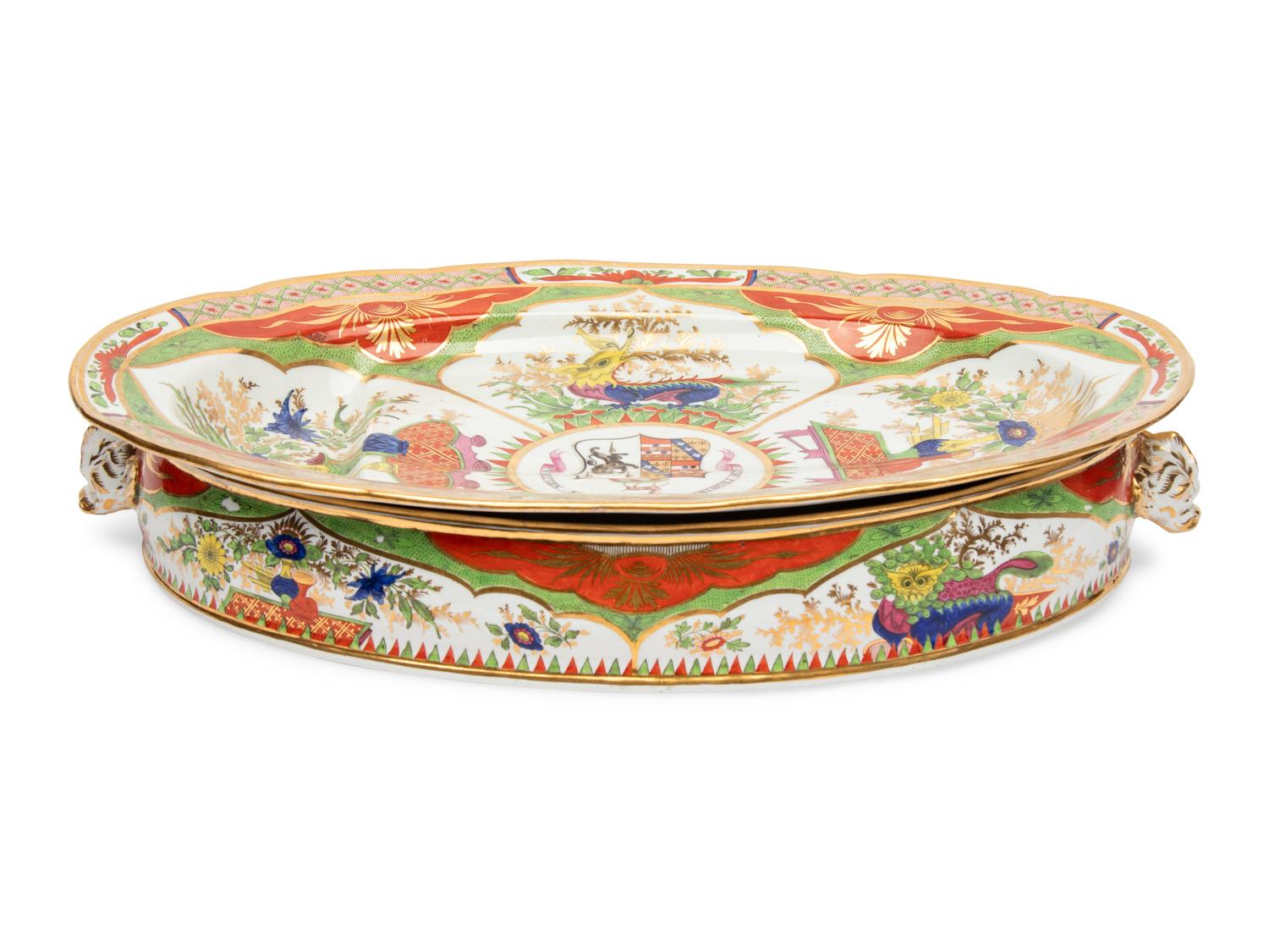 A Chamberlain Worcester Dragons in Compartments Porcelain Well-and-Tree Meat Platter and Chafing Dish