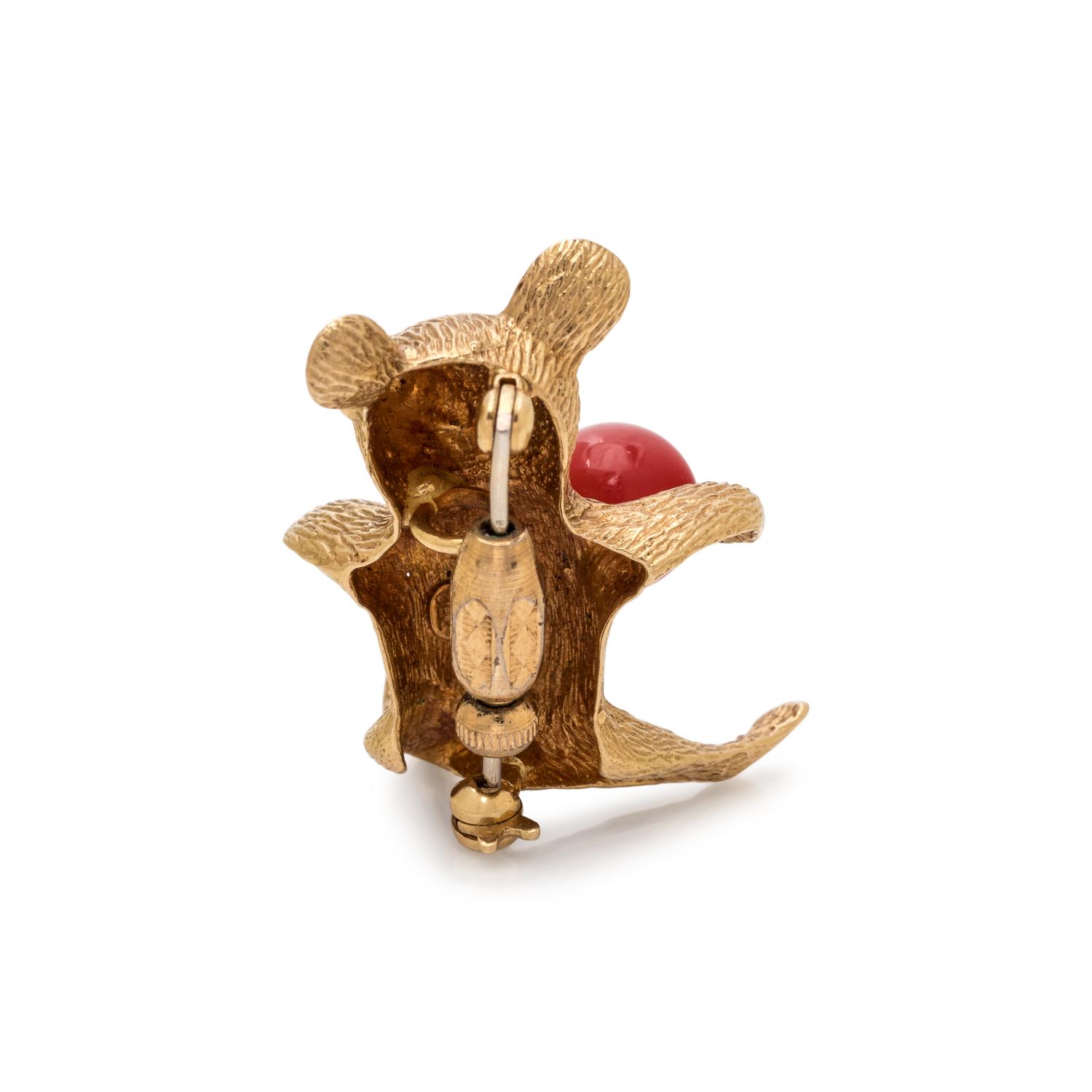 YELLOW GOLD AND CORAL BEAR BROOCH