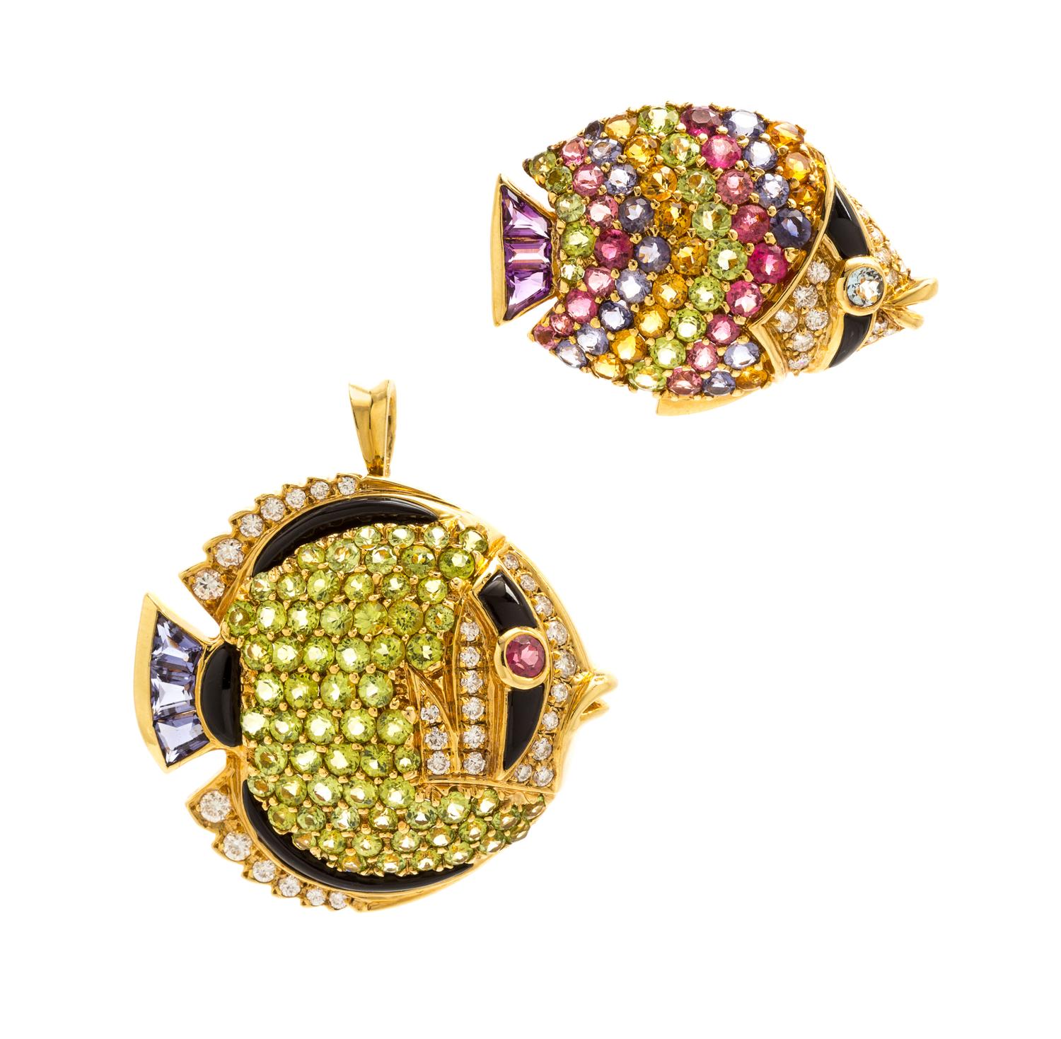 A Collection of Yellow Gold and Multigem Fish Brooches, 16.60 dwts.