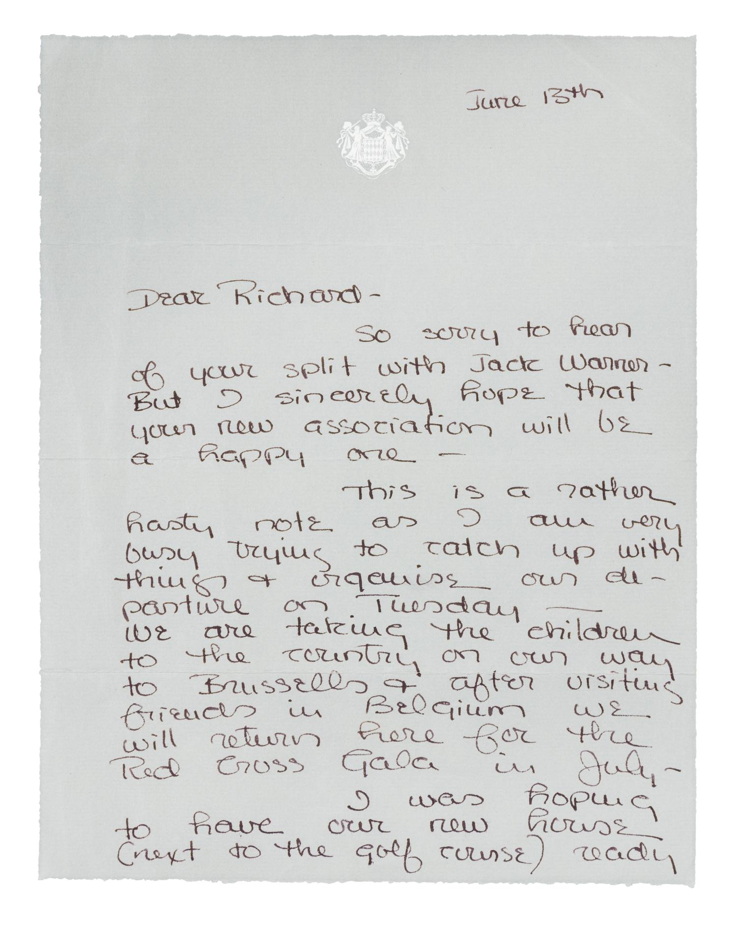 GRACE, Princesse de Monaco (1929-1982). Autographed letter signed ("Grace"), to Warner Brothers executive Richard Gully, Monaco, 1958.