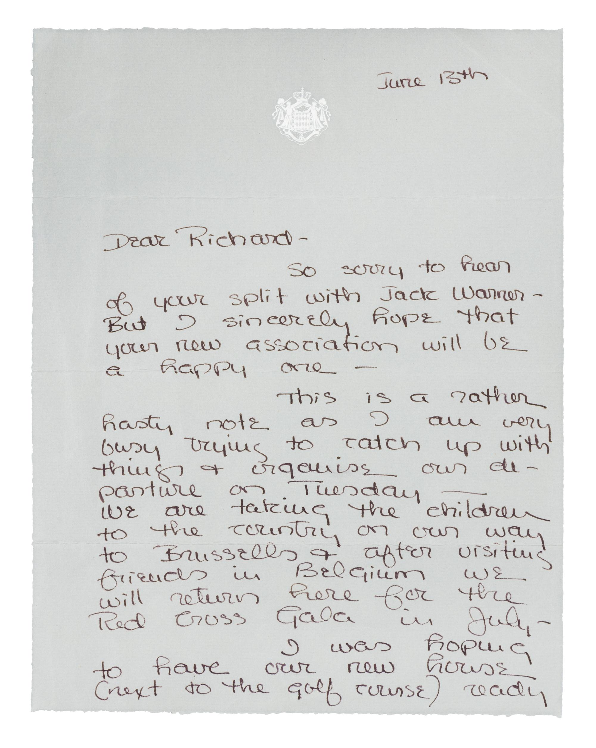 GRACE, Princesse de Monaco (1929-1982). Autographed letter signed ("Grace"), to Warner Brothers executive Richard Gully, Monaco, 1958.