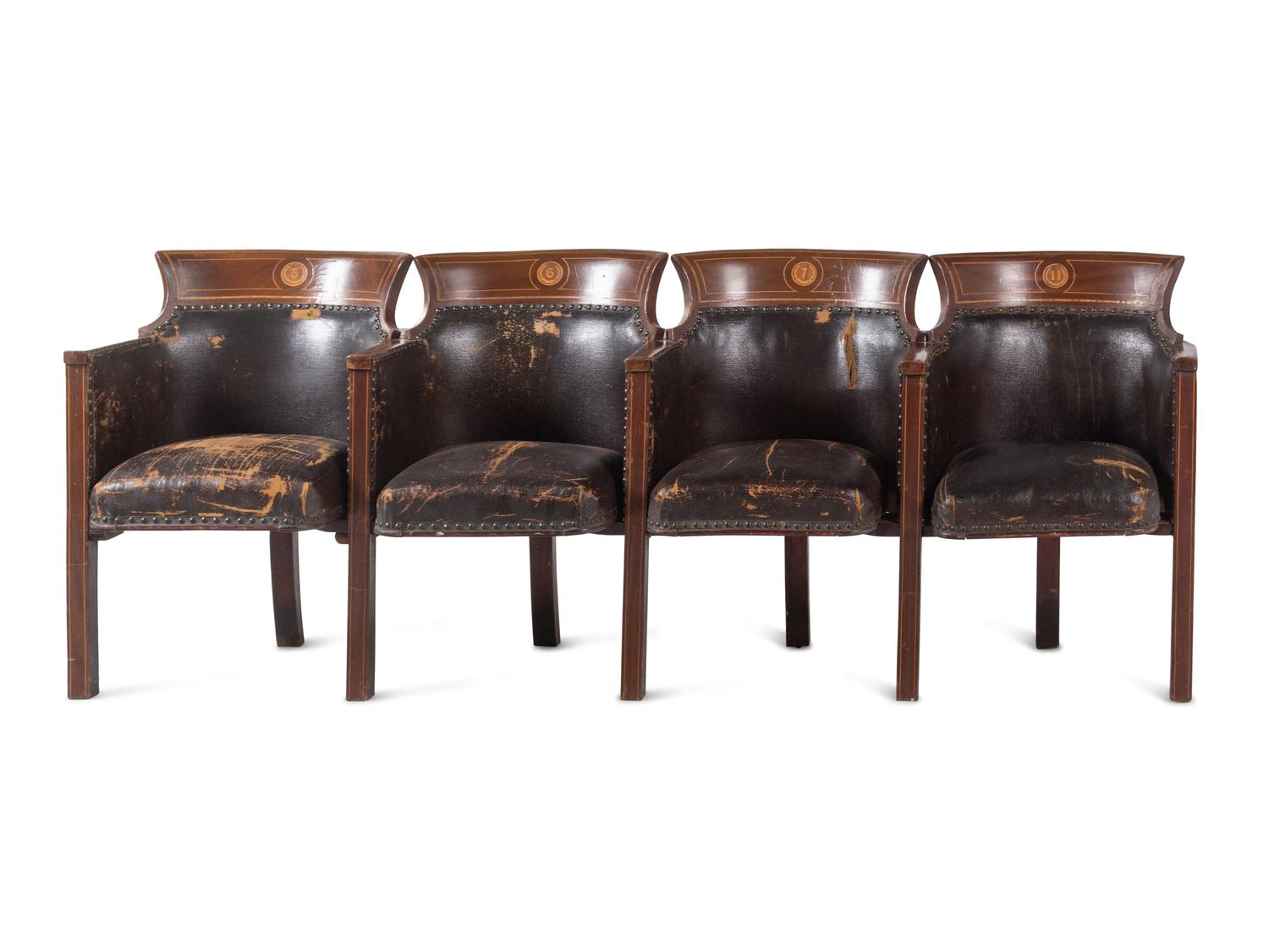 Two Sets of Four Inlaid Mahogany Theater Seats